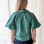 Oversized Puff Sleeve Stripe Top- Navy-Green