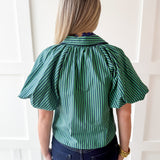 Oversized Puff Sleeve Stripe Top- Navy-Green
