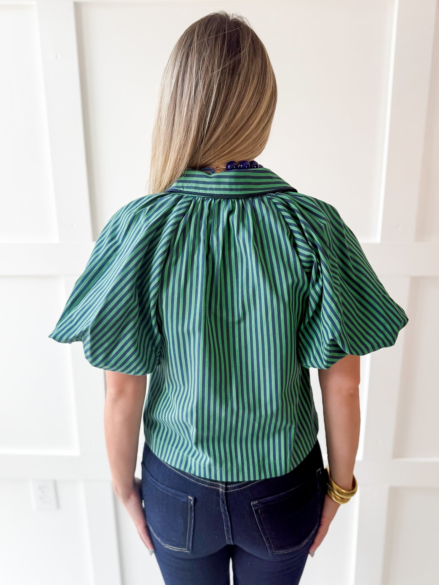 Oversized Puff Sleeve Stripe Top- Navy-Green