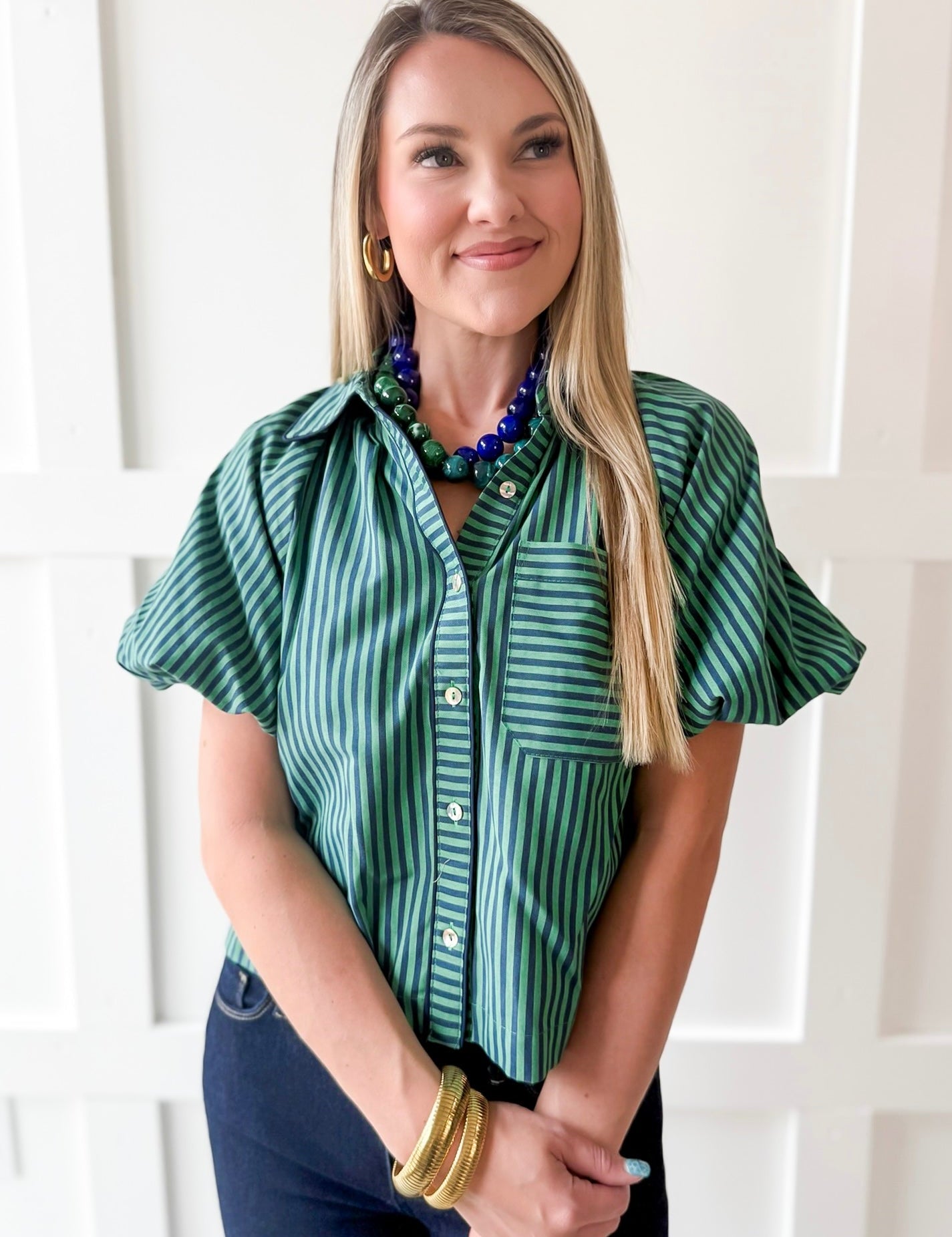 Oversized Puff Sleeve Stripe Top- Navy-Green