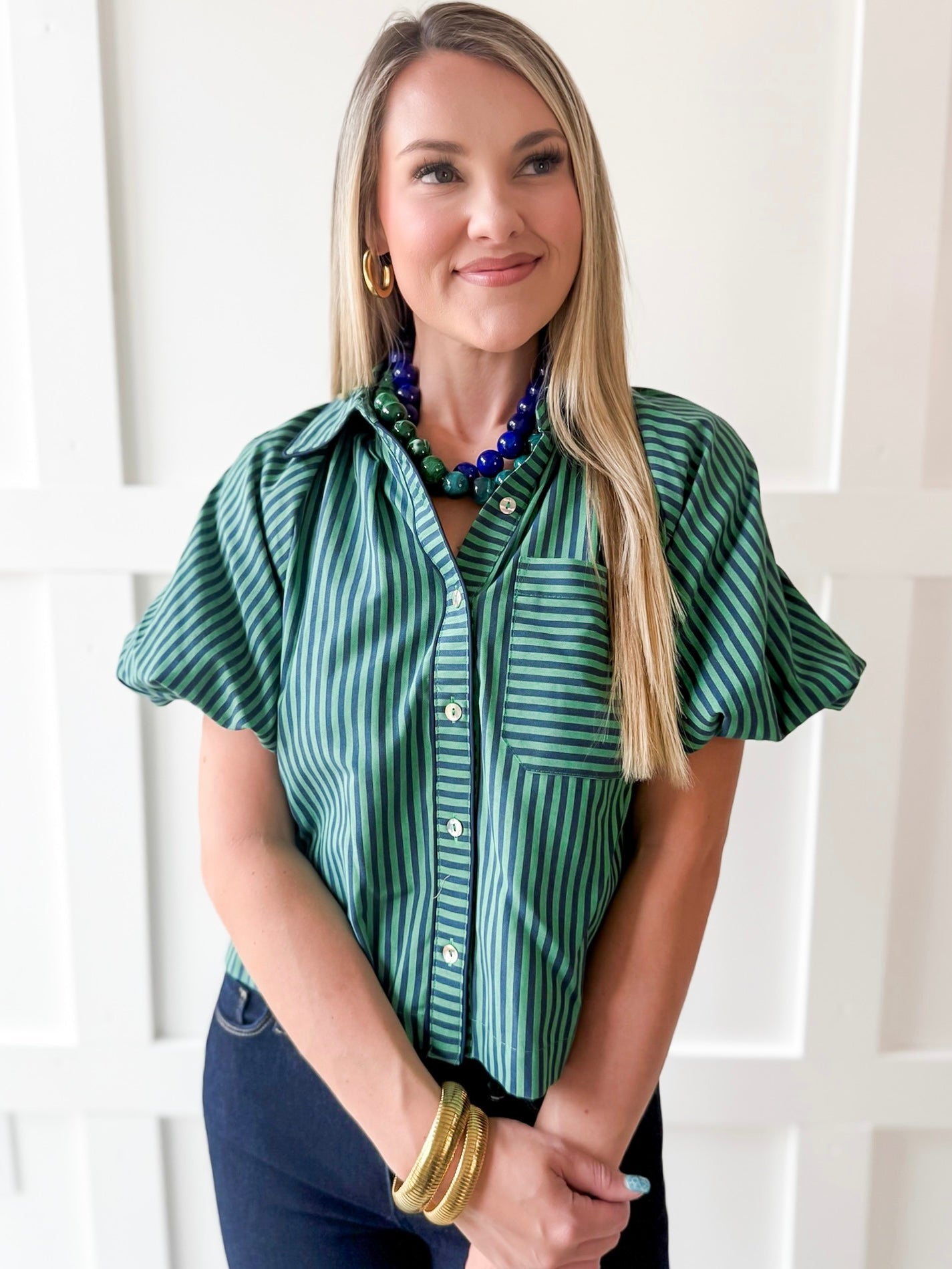 Oversized Puff Sleeve Stripe Top- Navy-Green