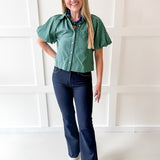 Oversized Puff Sleeve Stripe Top- Navy-Green