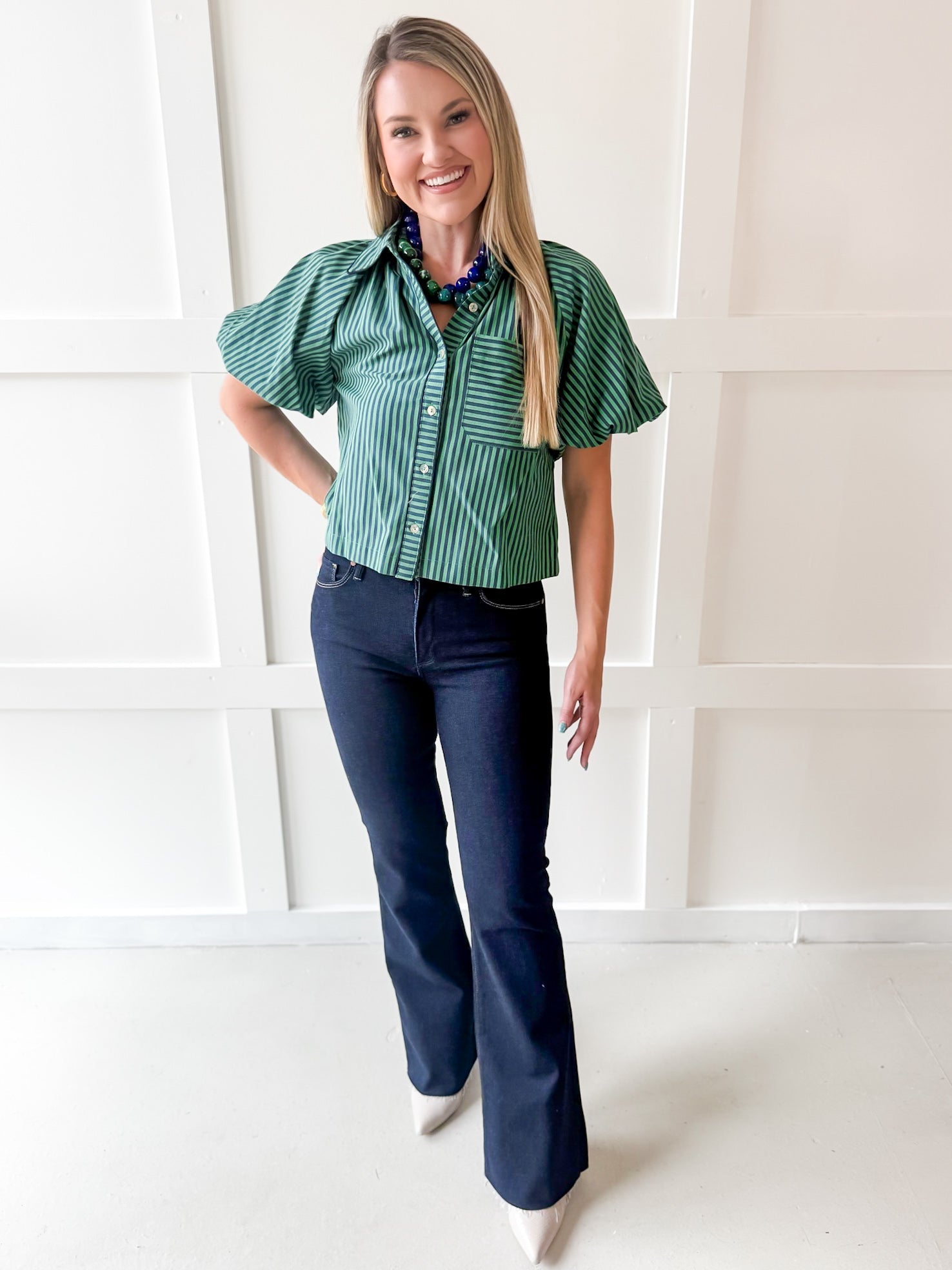 Oversized Puff Sleeve Stripe Top- Navy-Green