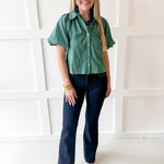 Oversized Puff Sleeve Stripe Top- Navy-Green