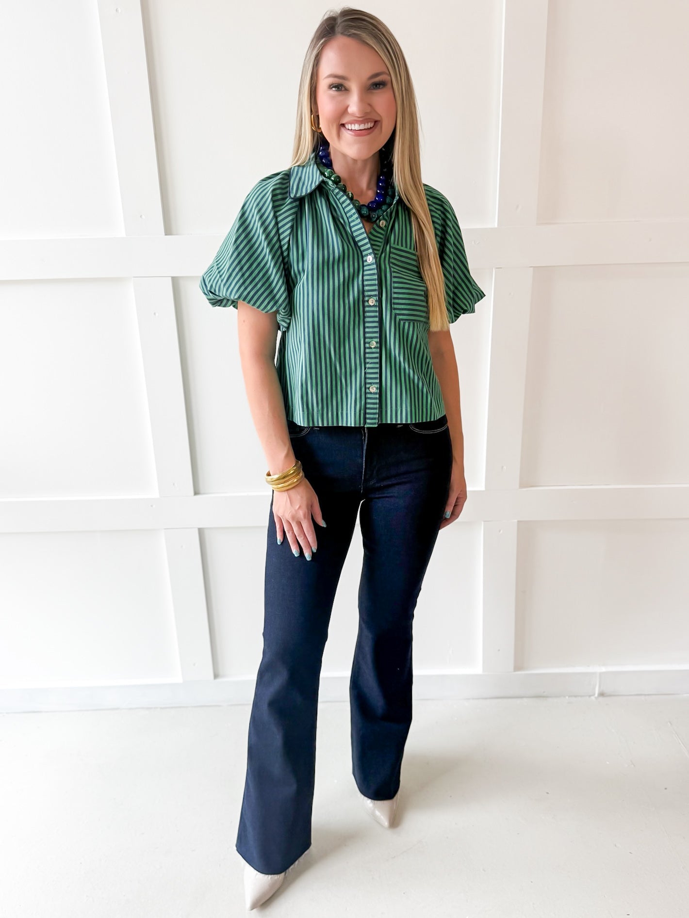 Oversized Puff Sleeve Stripe Top- Navy-Green