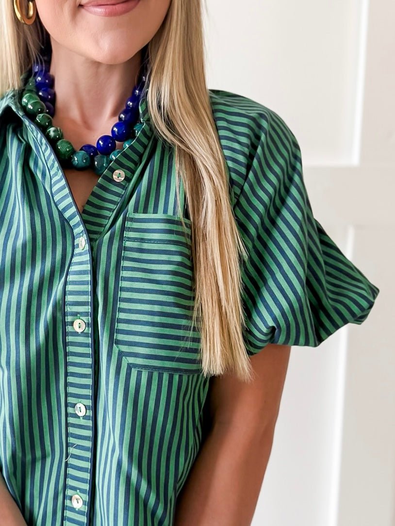 Oversized Puff Sleeve Stripe Top- Navy-Green