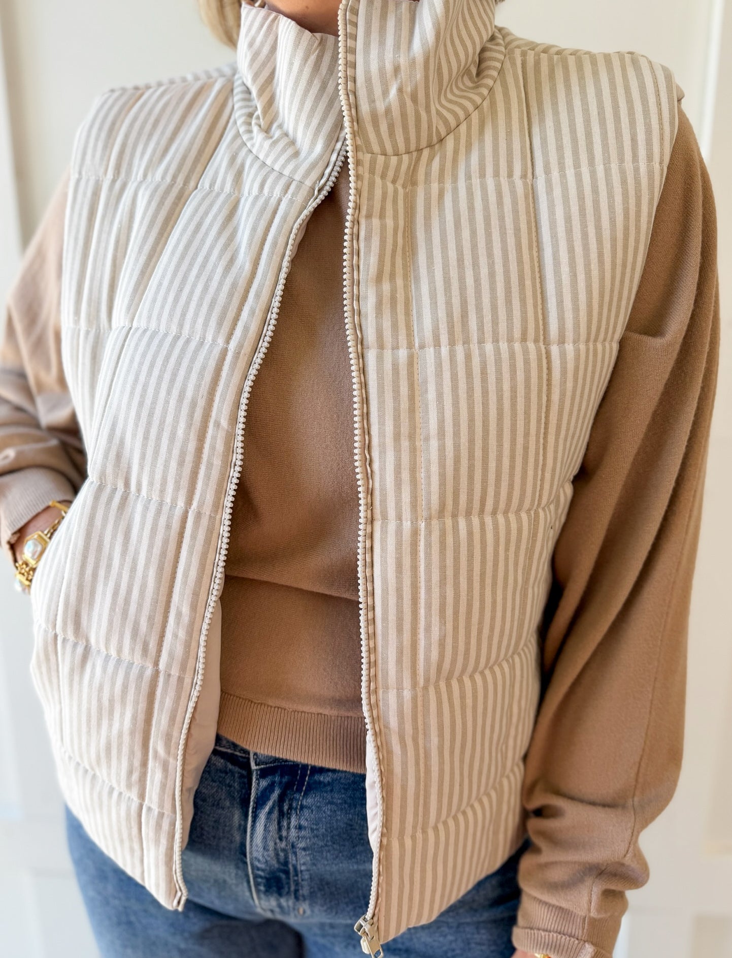 Padded Striped Vest - Ecru