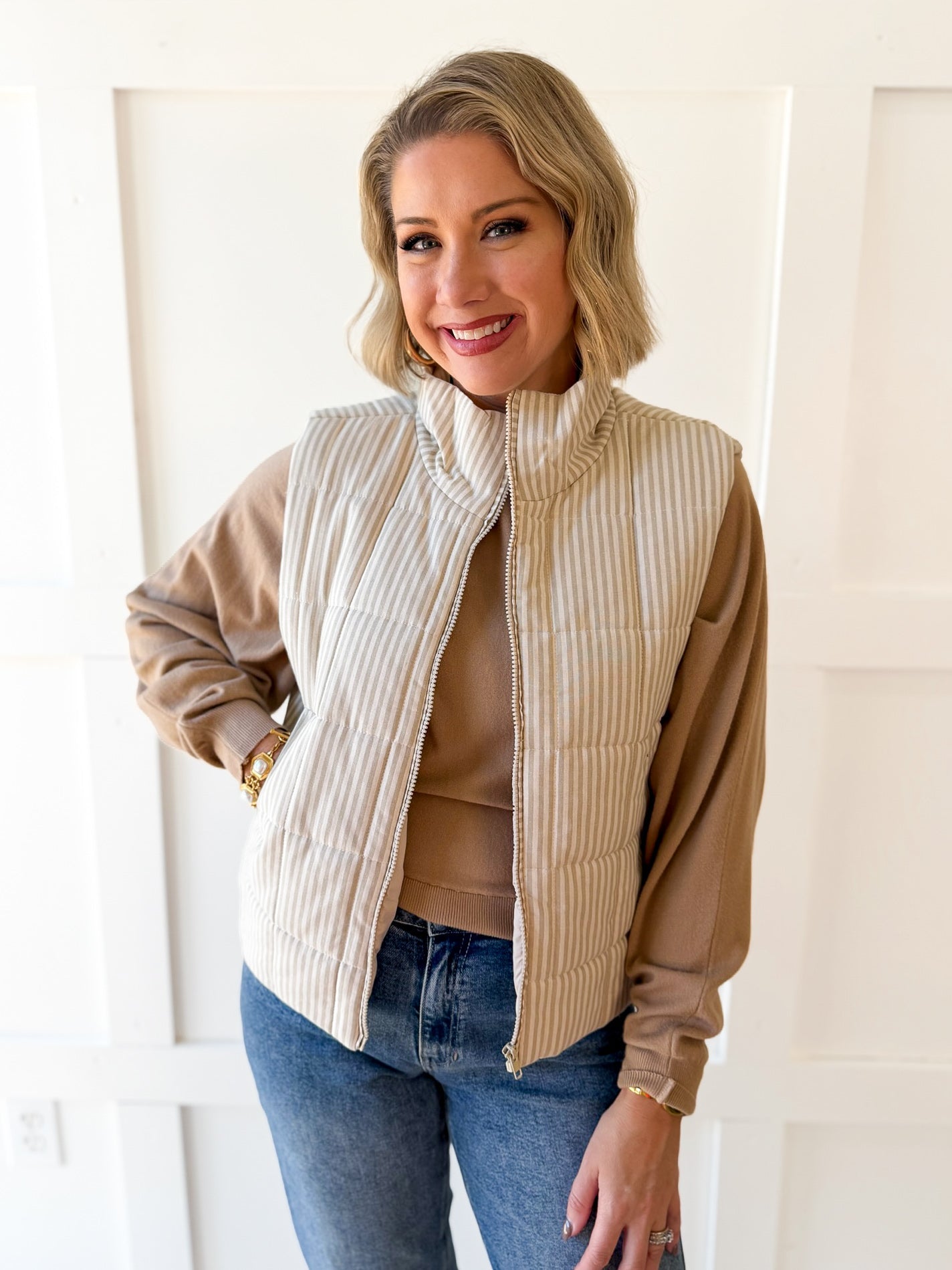 Padded Striped Vest - Ecru