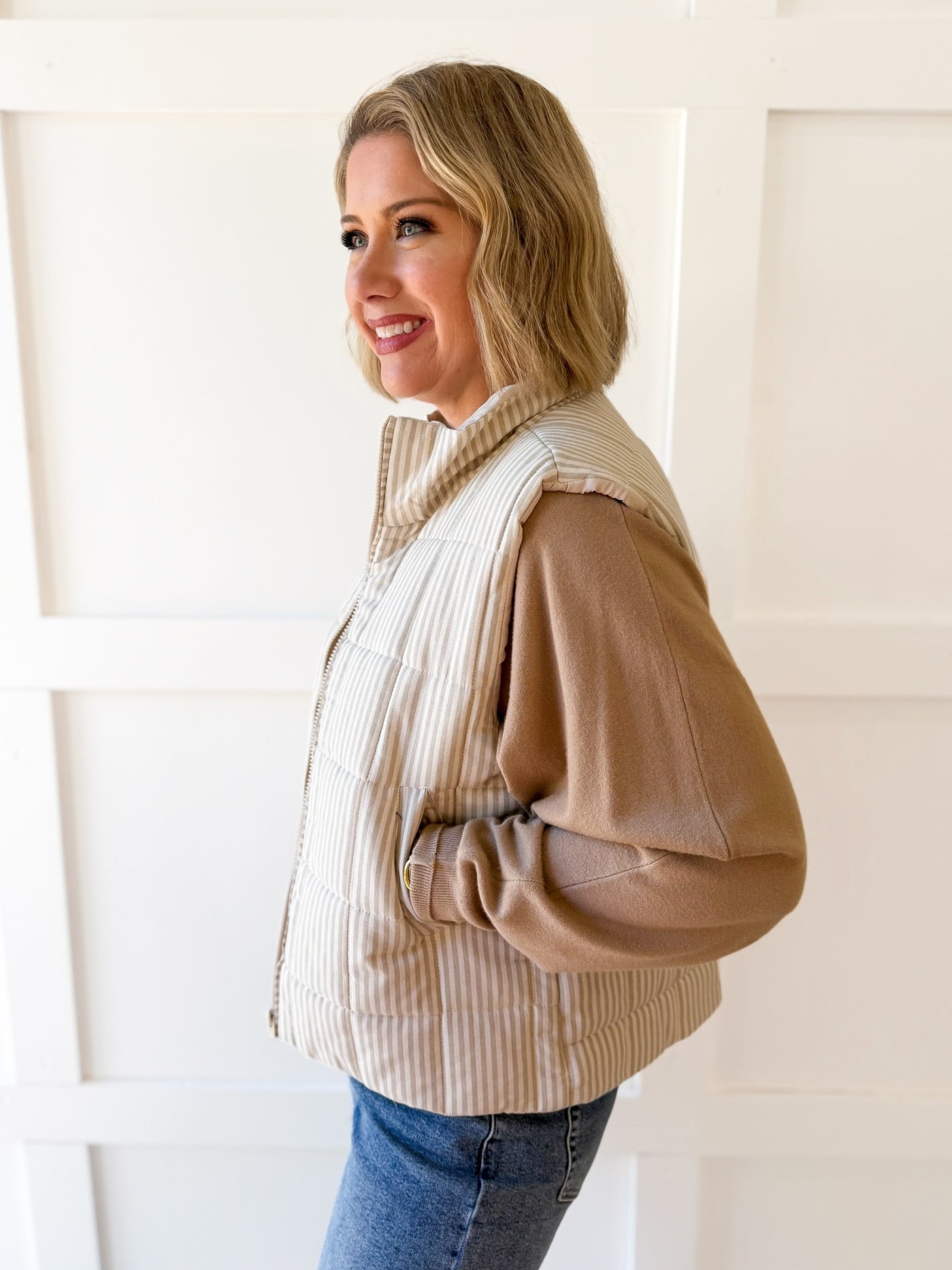 Padded Striped Vest - Ecru