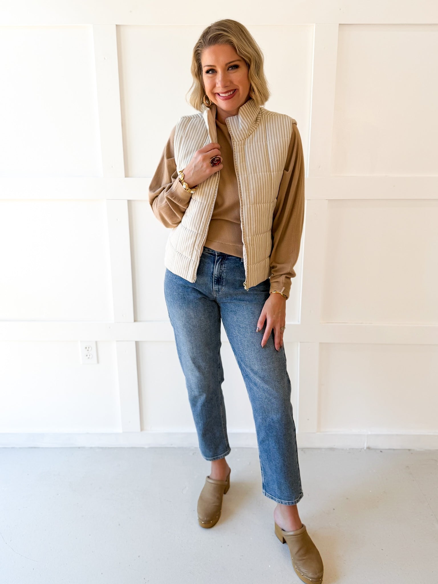 Padded Striped Vest - Ecru