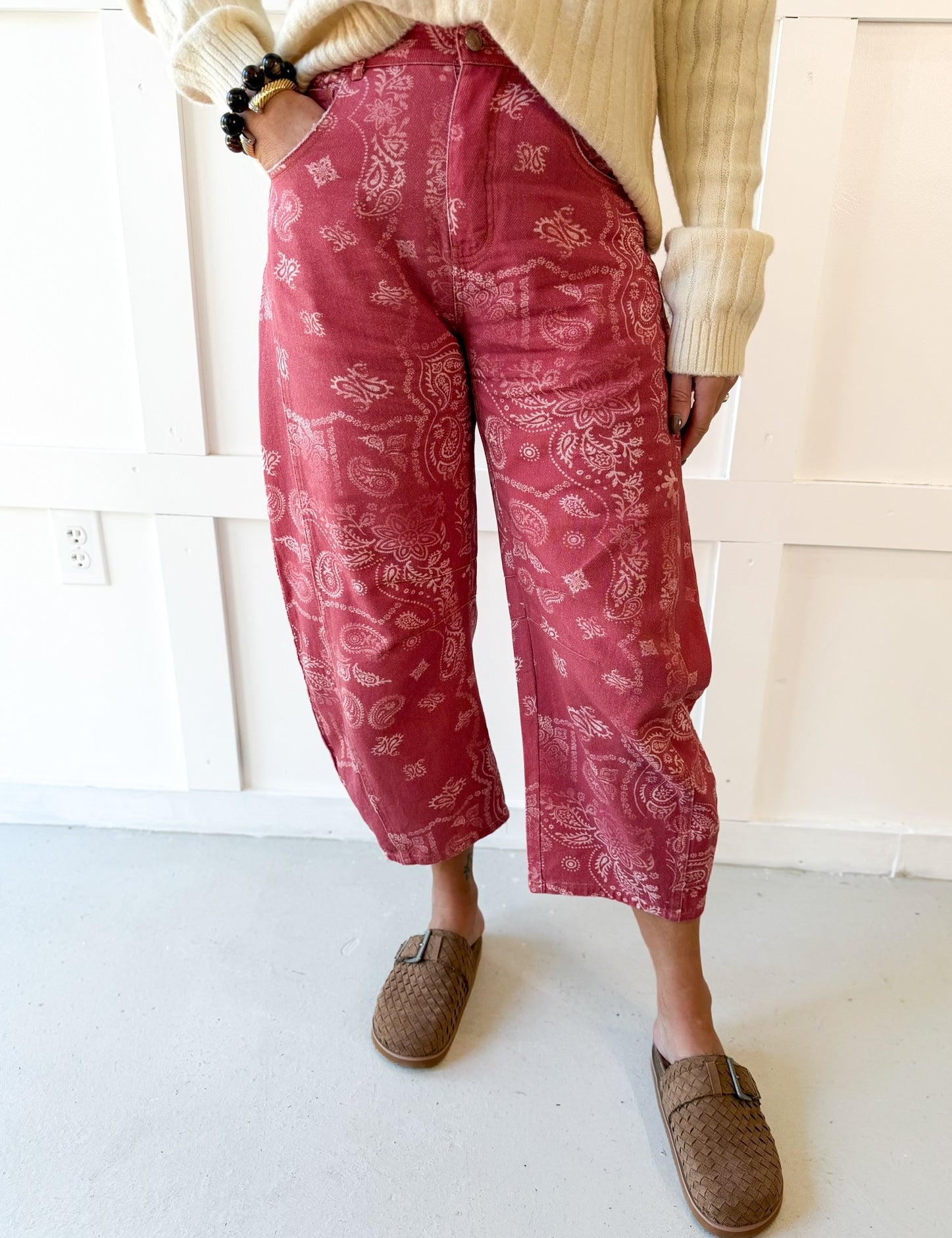 Paisley Printed Bandana Jeans - Dusty Rose