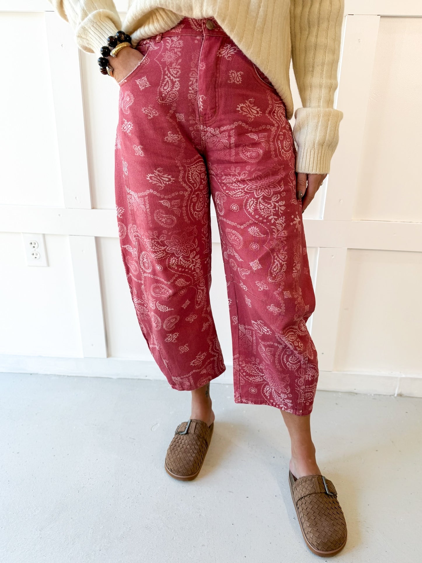 Paisley Printed Bandana Jeans - Dusty Rose