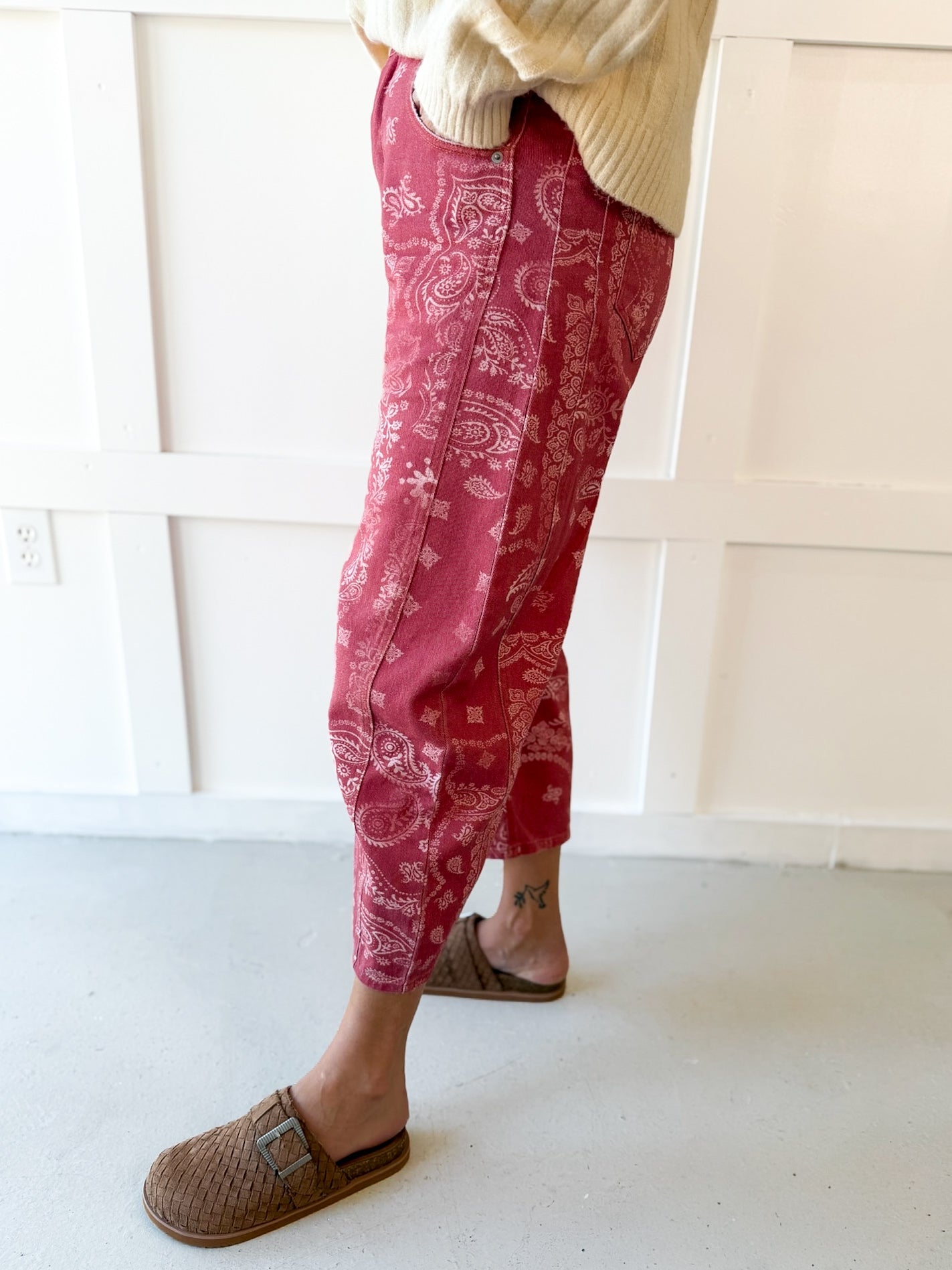 Paisley Printed Bandana Jeans - Dusty Rose