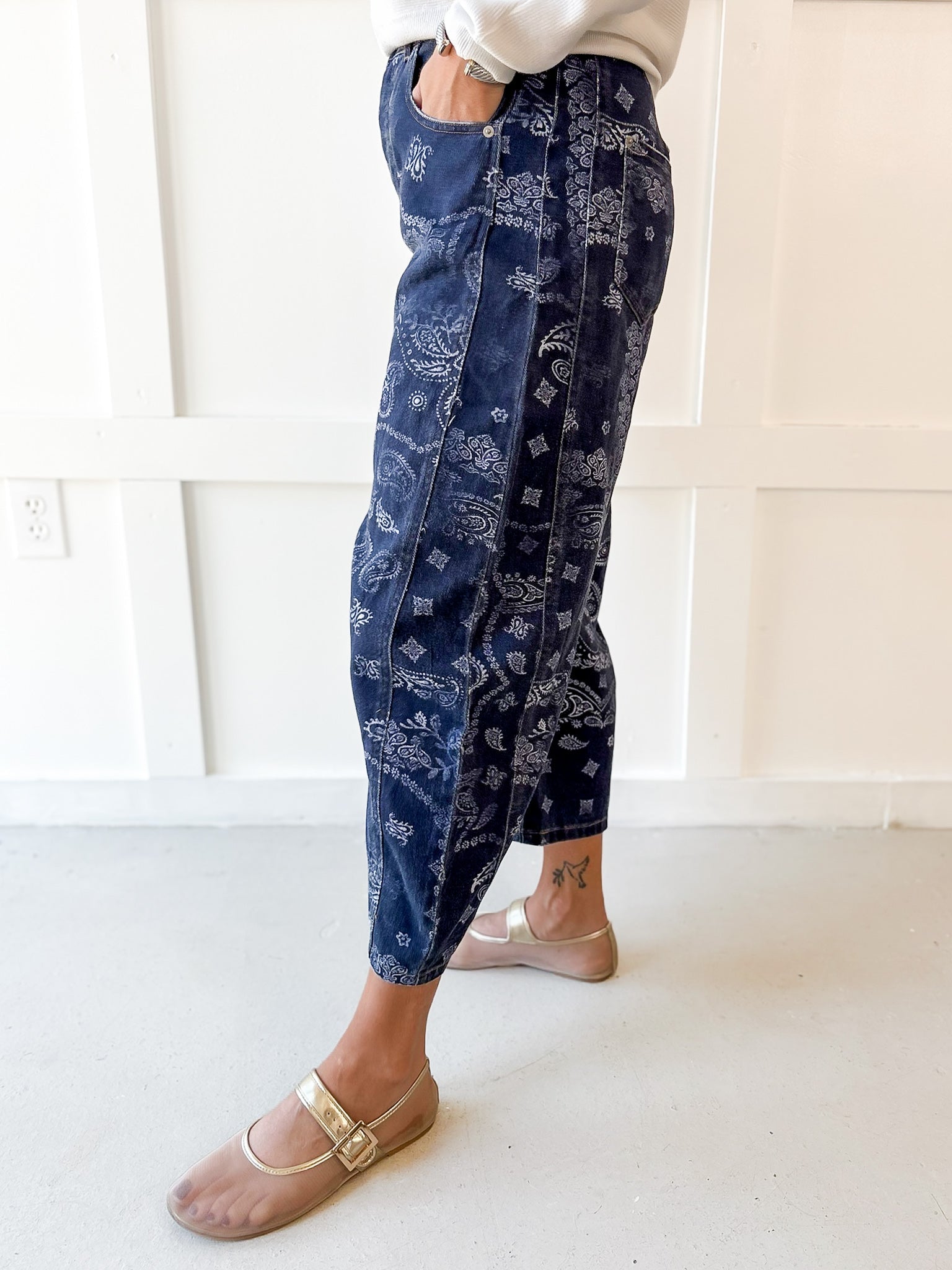 Paisley Printed Barrel Jeans