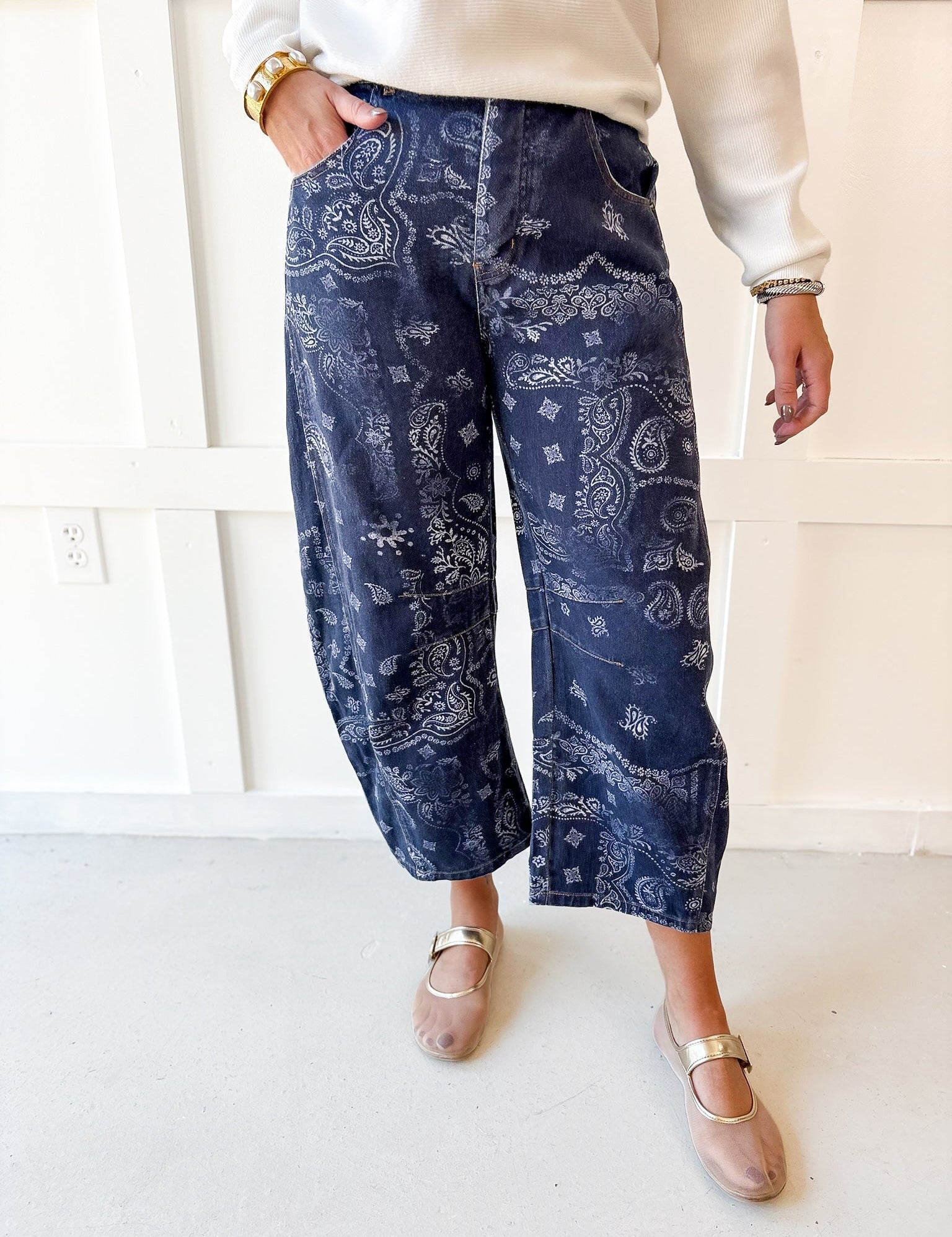 Paisley Printed Barrel Jeans