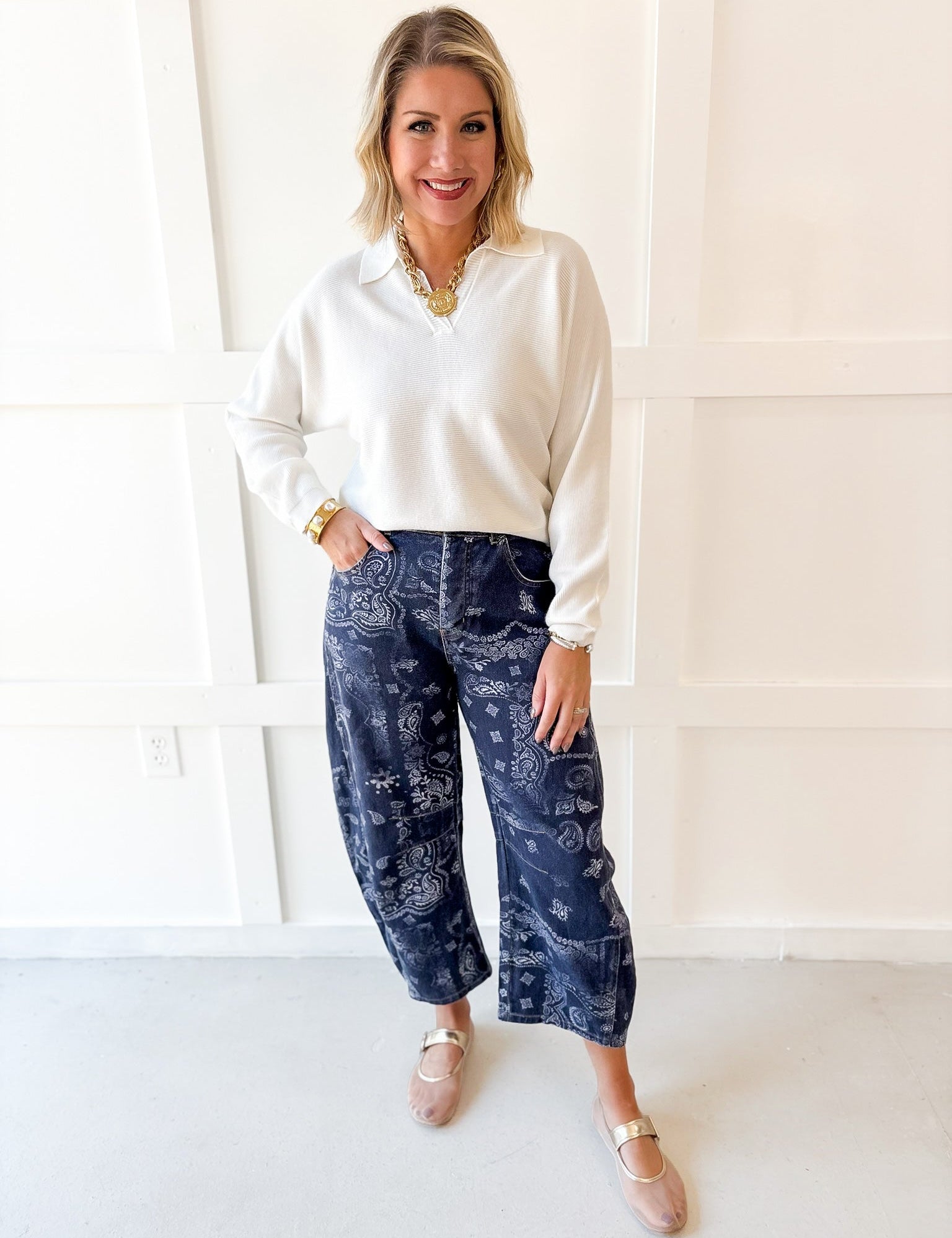 Paisley Printed Barrel Jeans