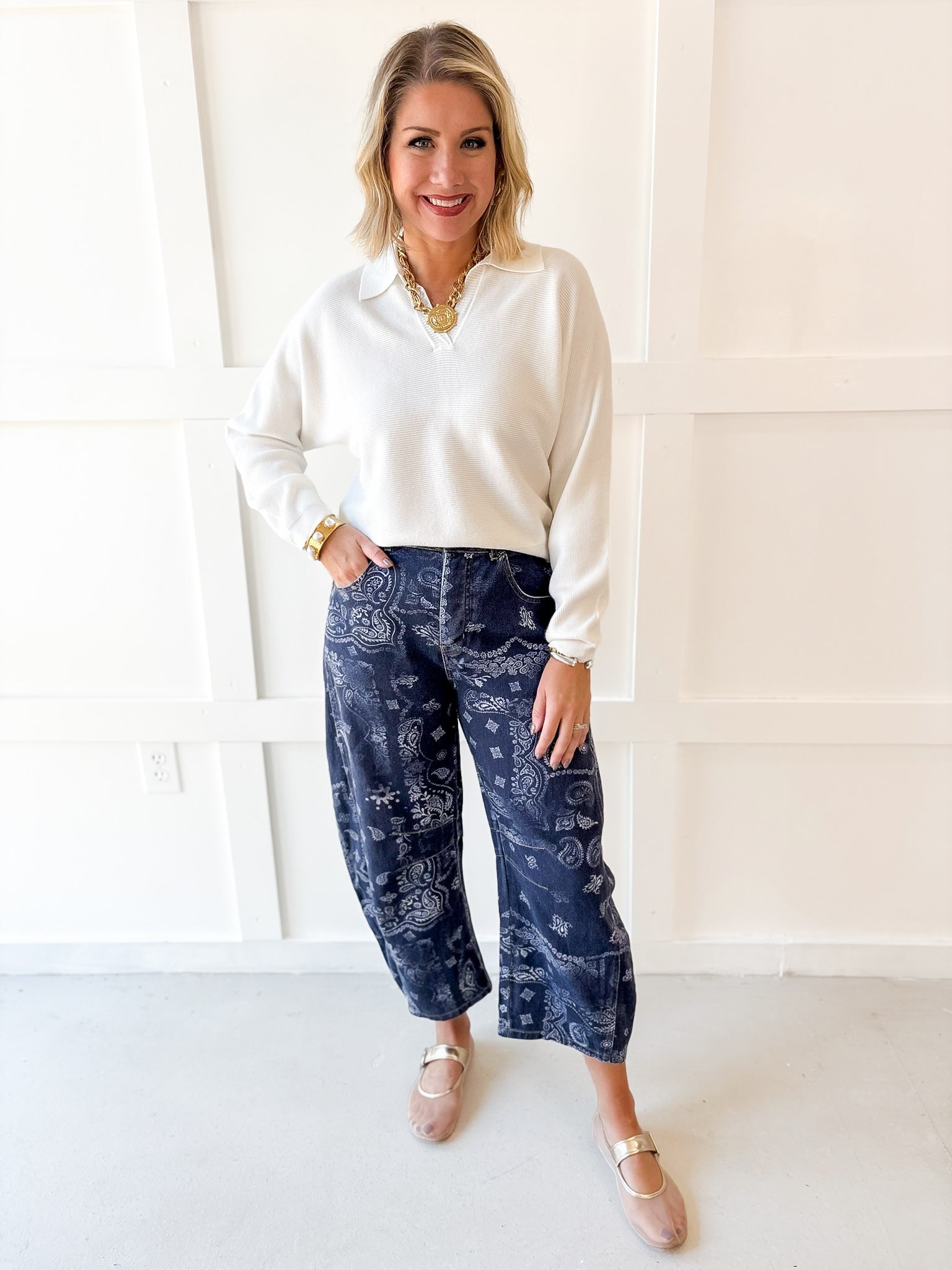 Paisley Printed Barrel Jeans