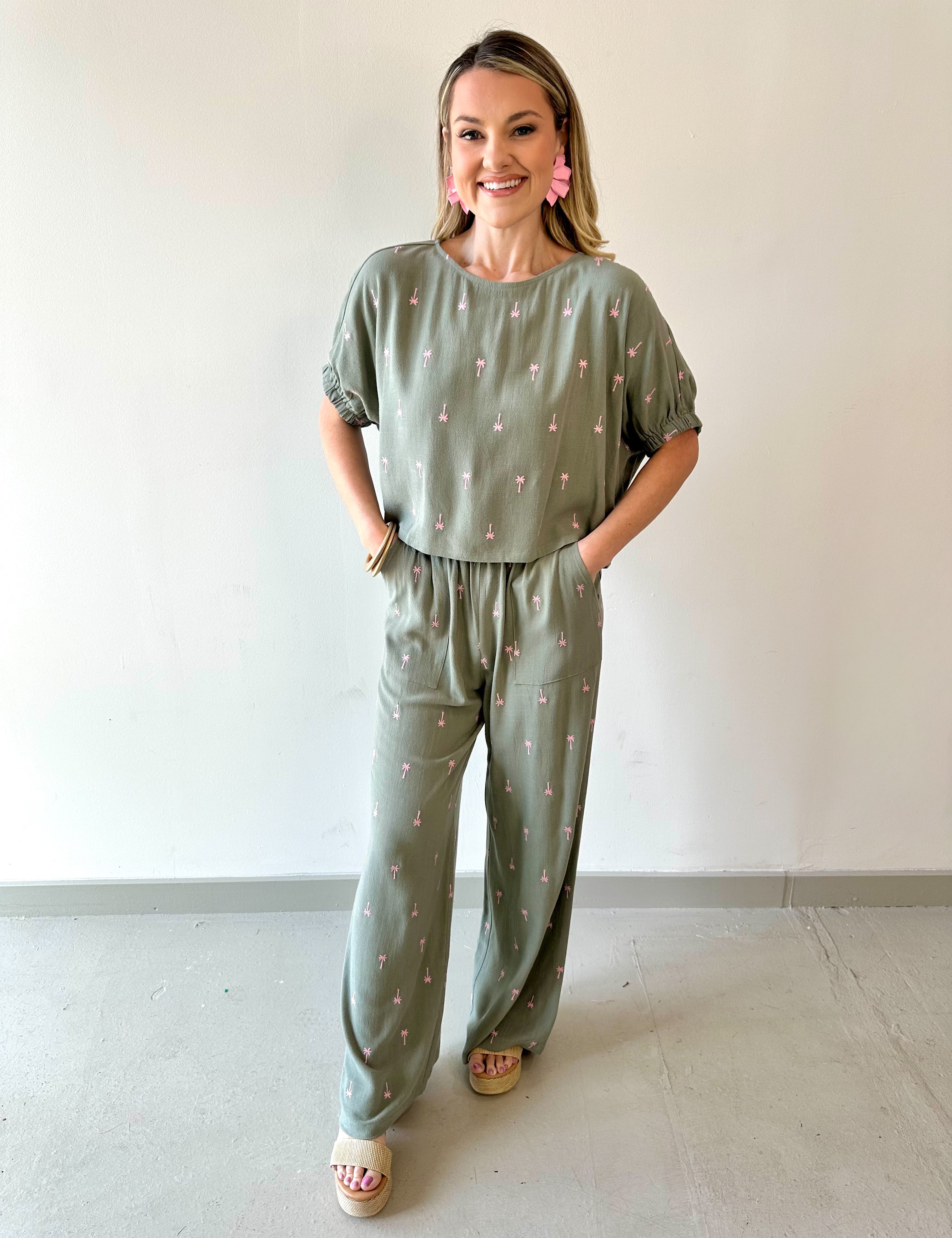Palm Embroidered Top & Pant Set