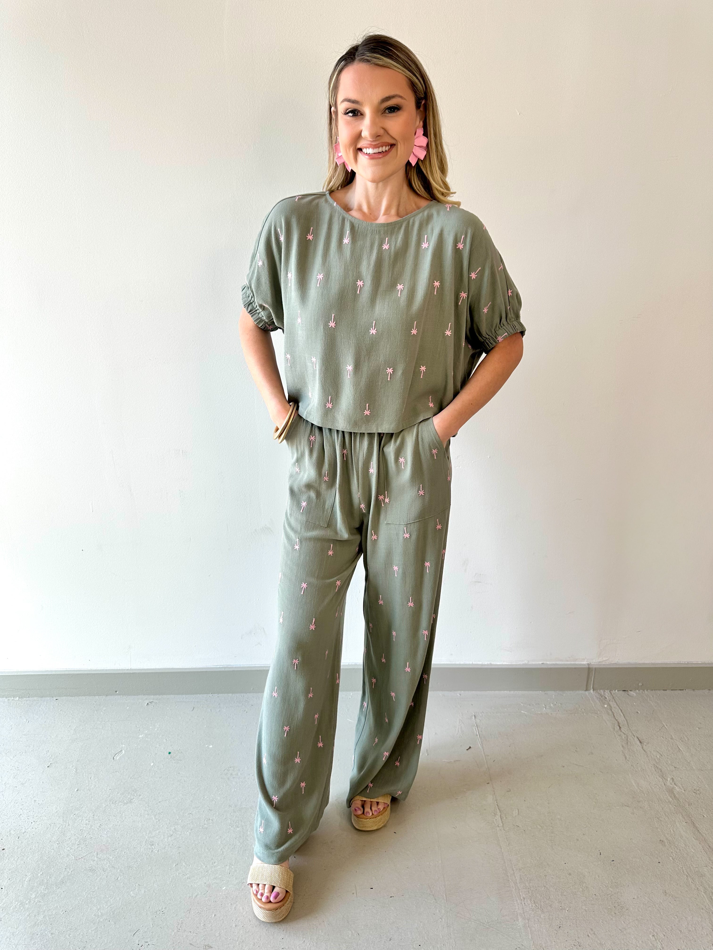 Palm Embroidered Top & Pant Set