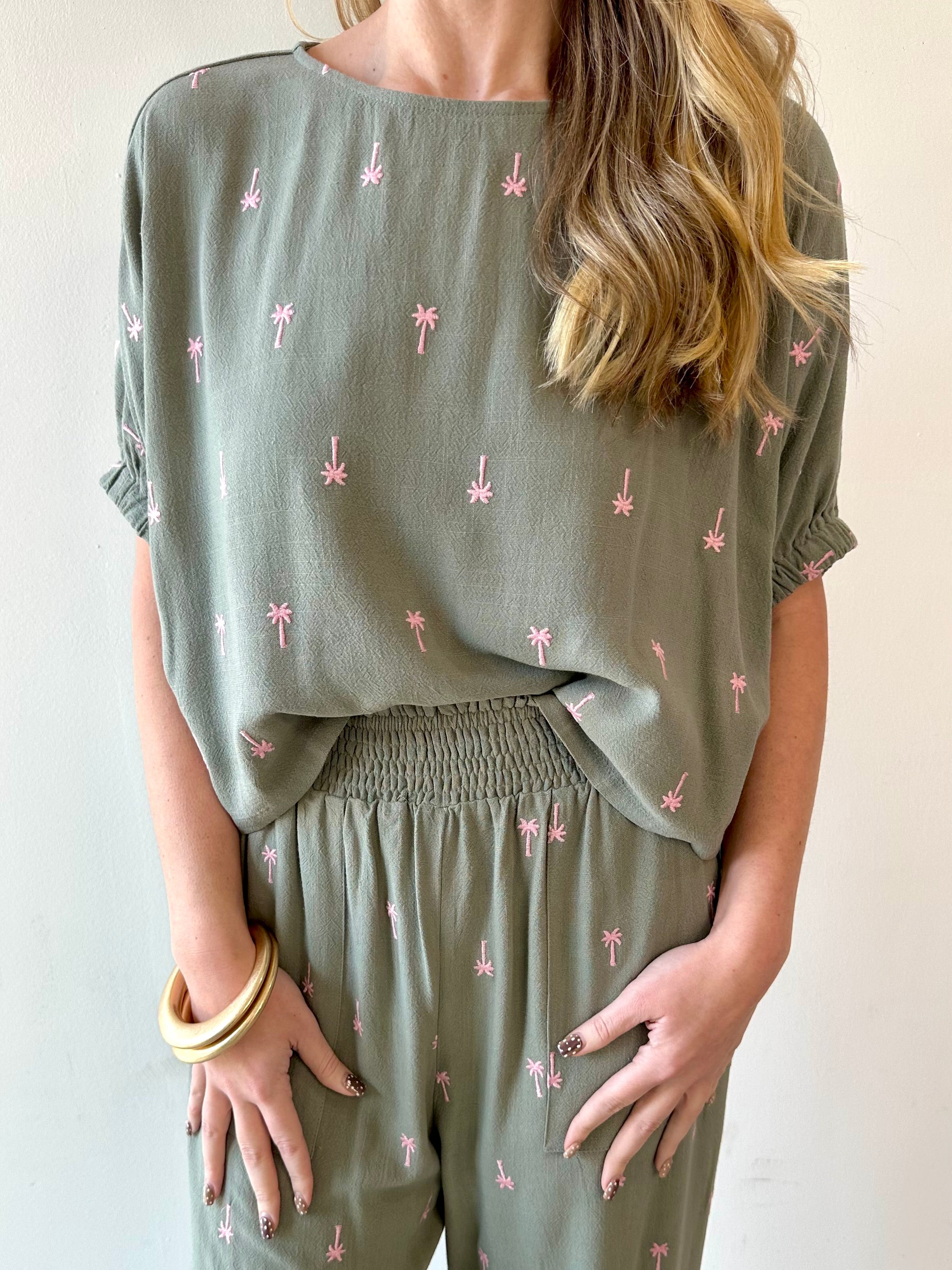 Palm Embroidered Top & Pant Set