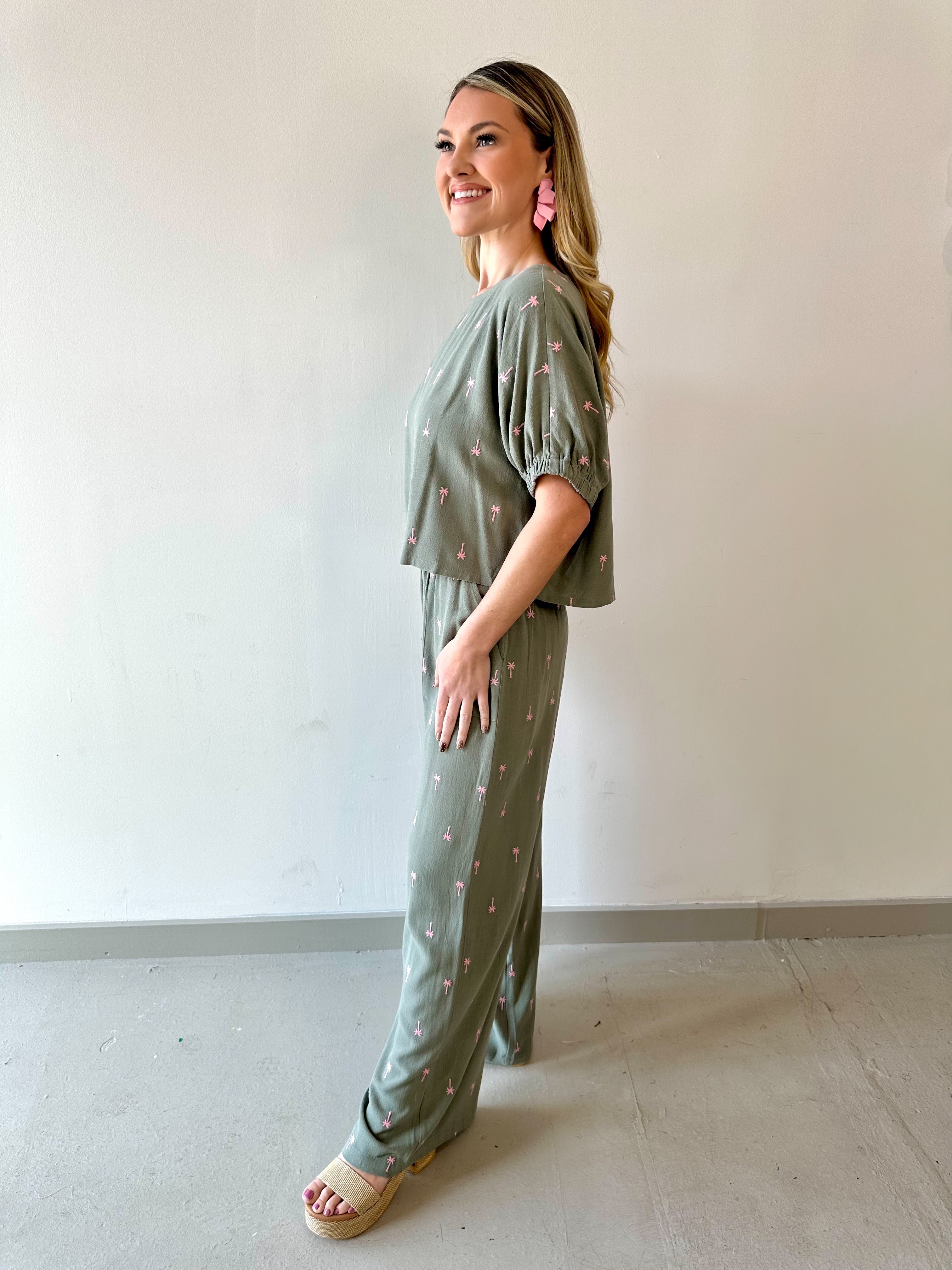 Palm Embroidered Top & Pant Set