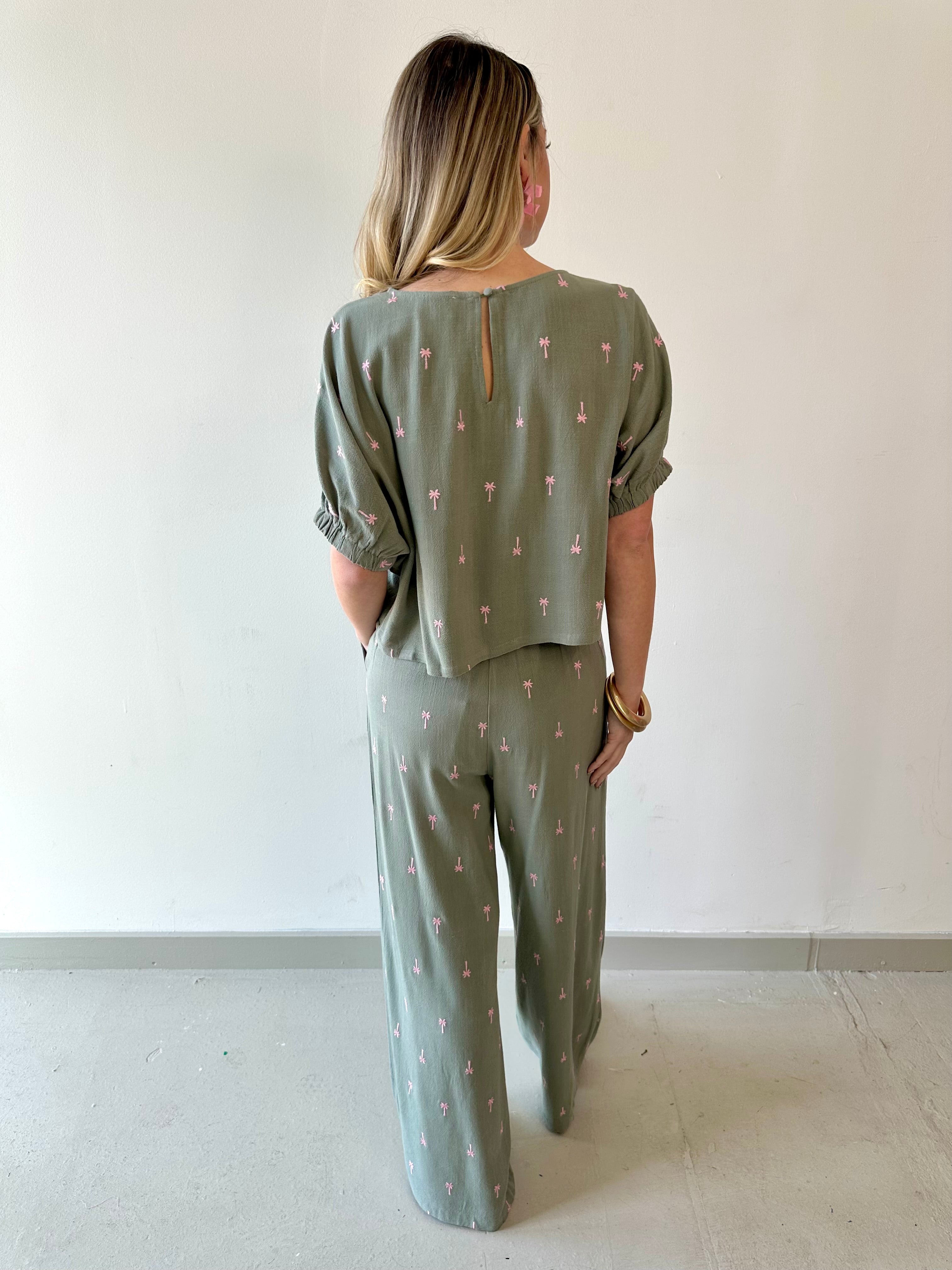 Palm Embroidered Top & Pant Set