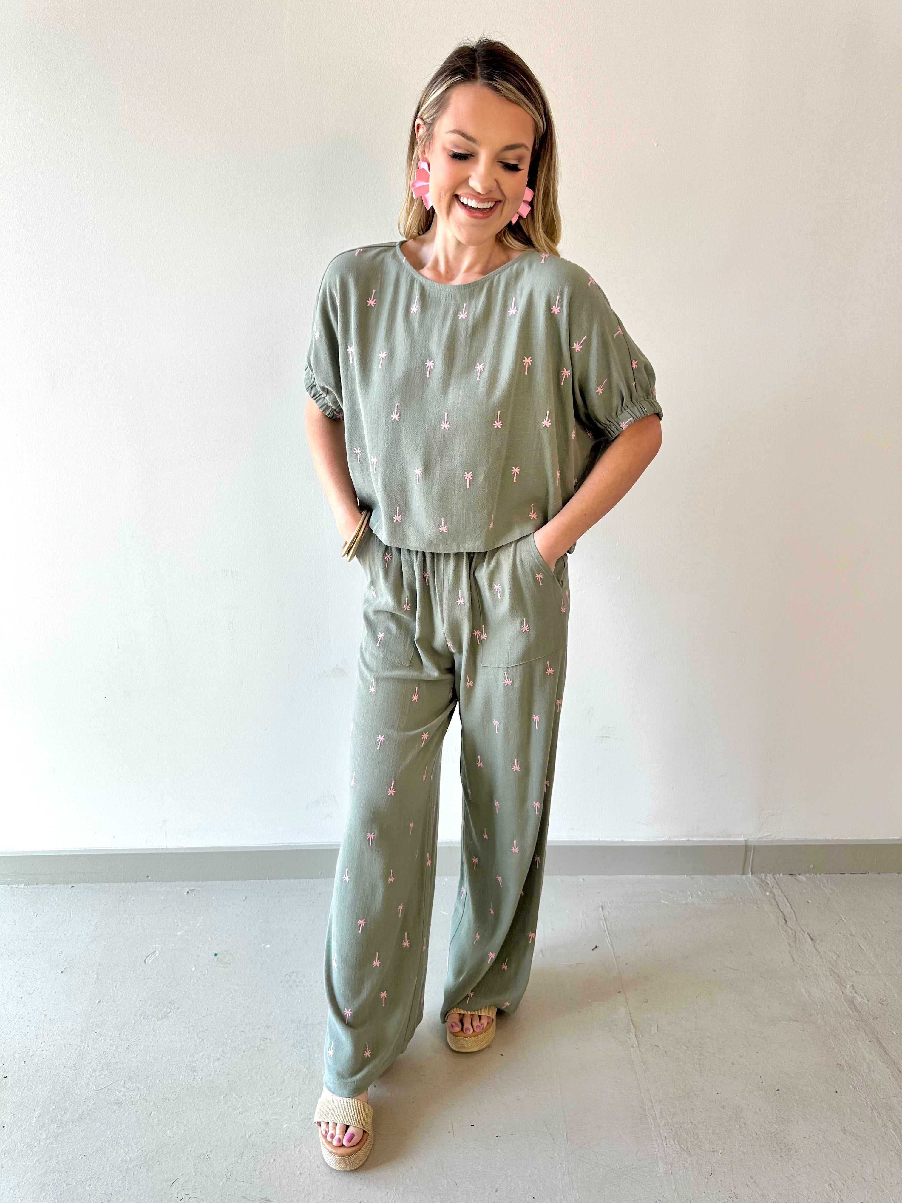 Palm Embroidered Top & Pant Set