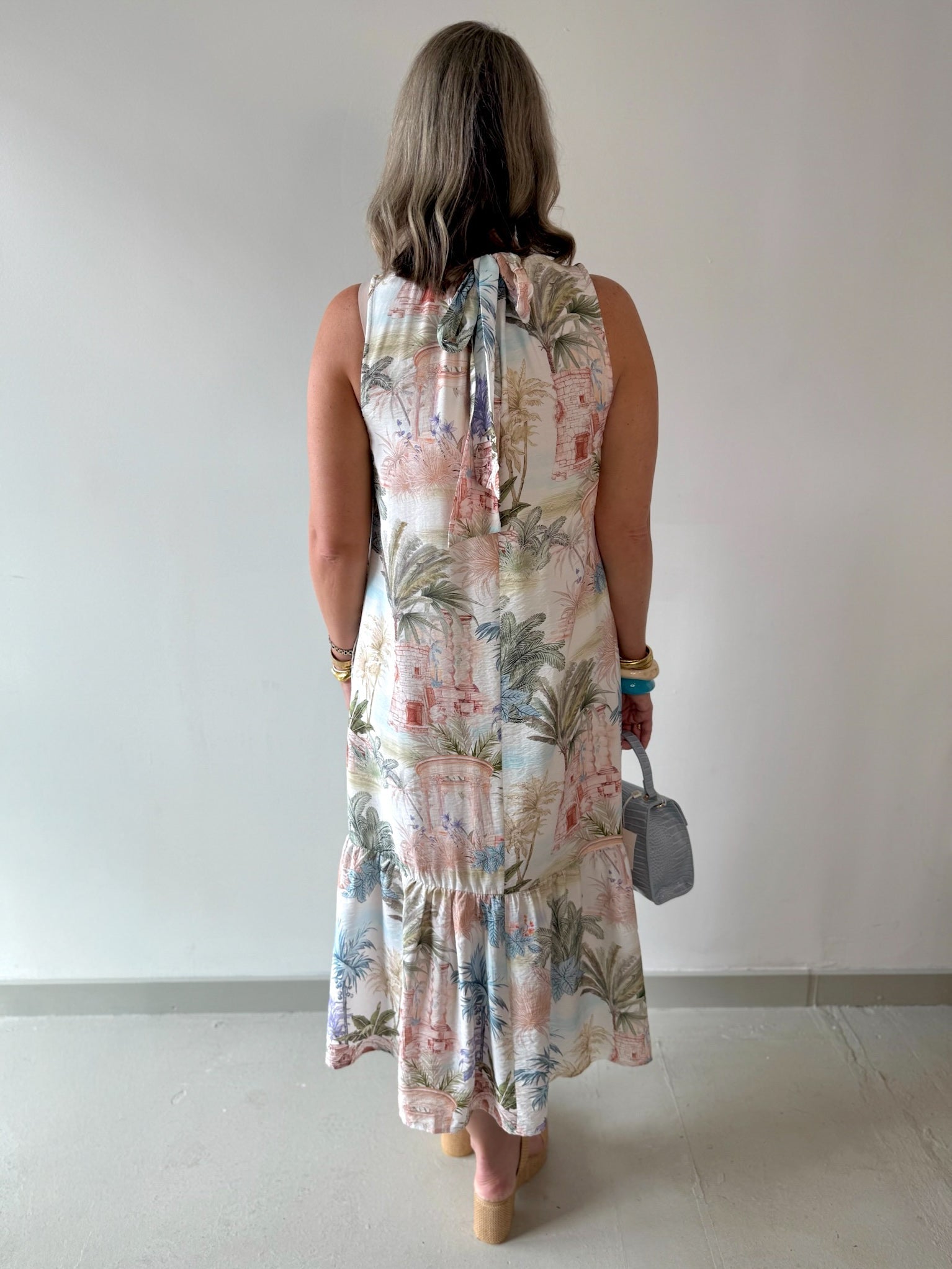 Palm Print Trim Midi Dress