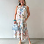 Palm Print Trim Midi Dress