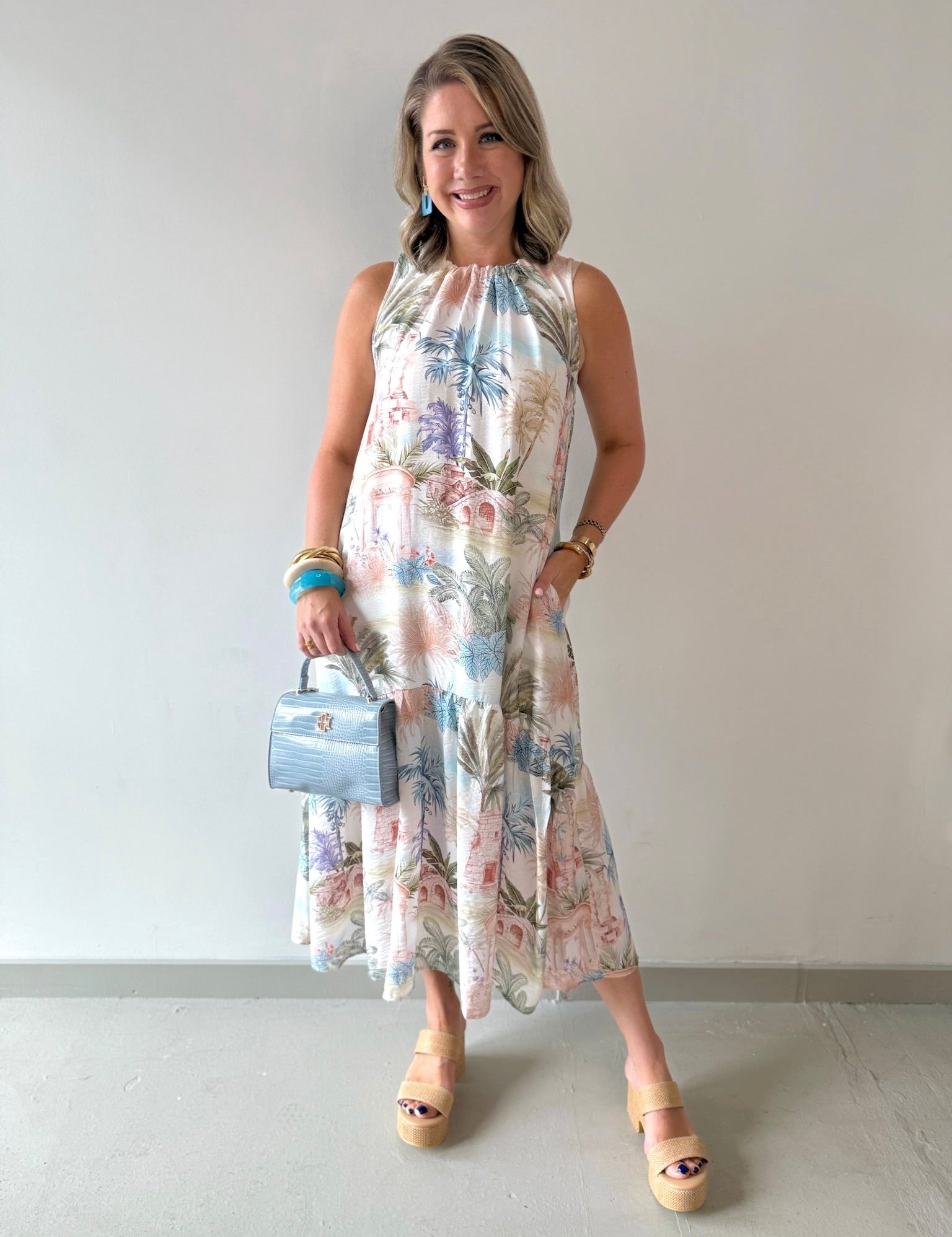 Palm Print Trim Midi Dress