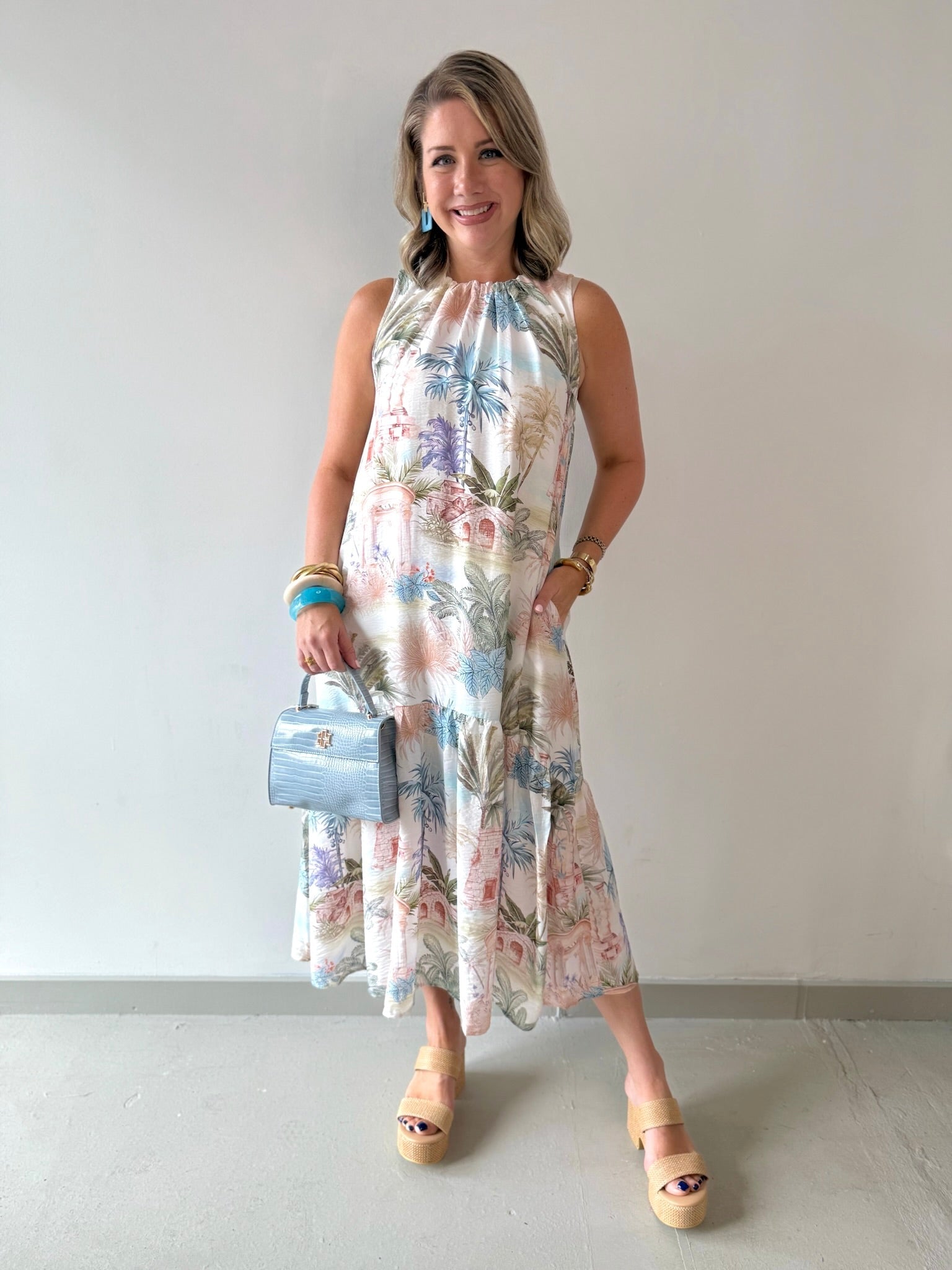 Palm Print Trim Midi Dress