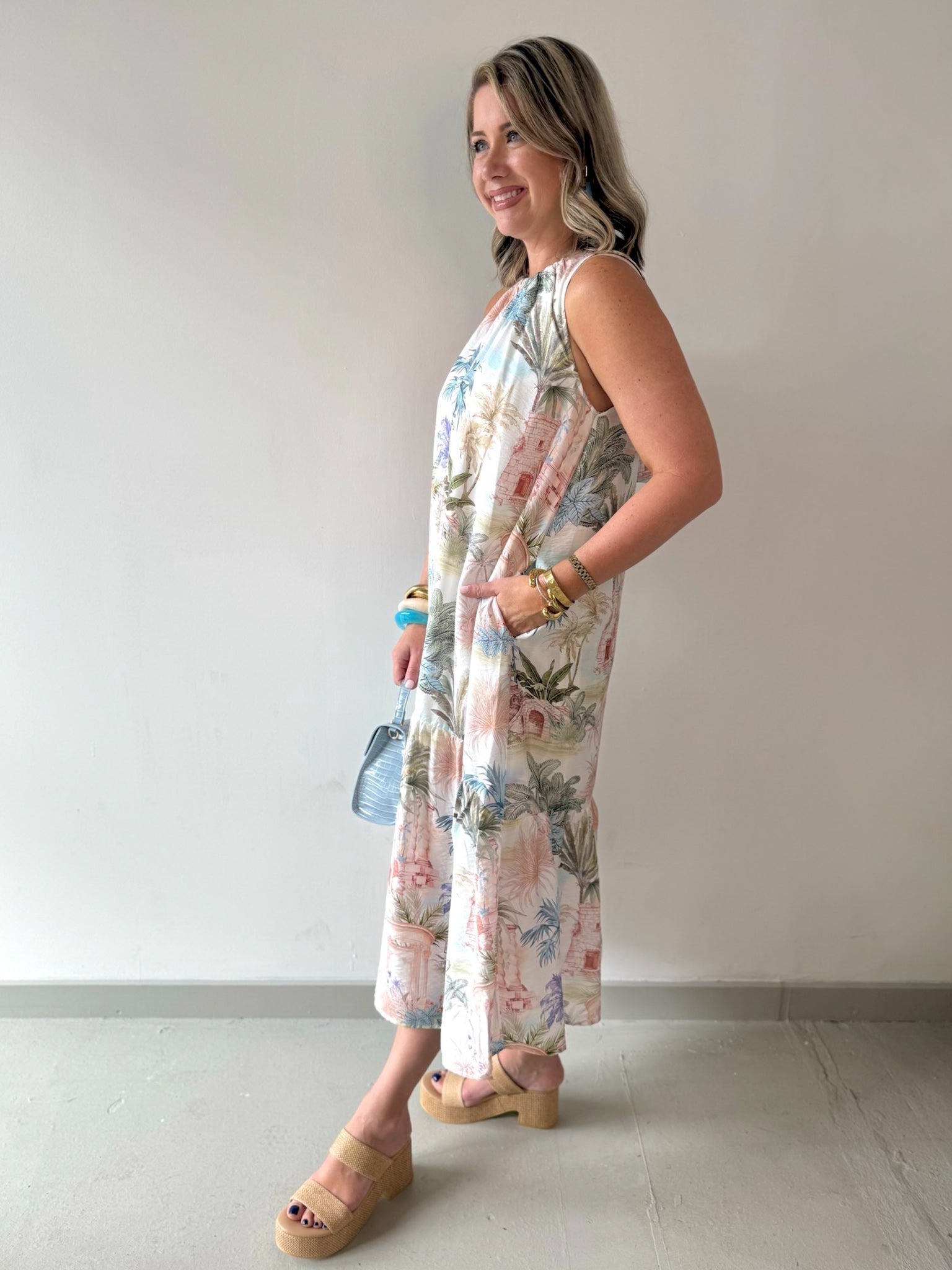 Palm Print Trim Midi Dress