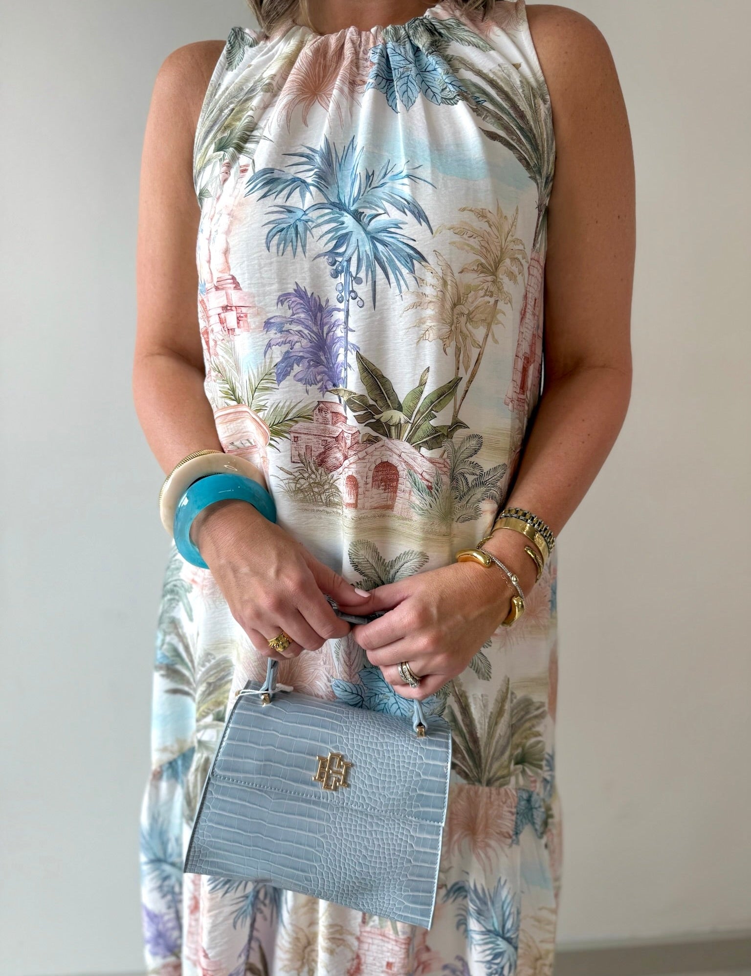 Palm Print Trim Midi Dress