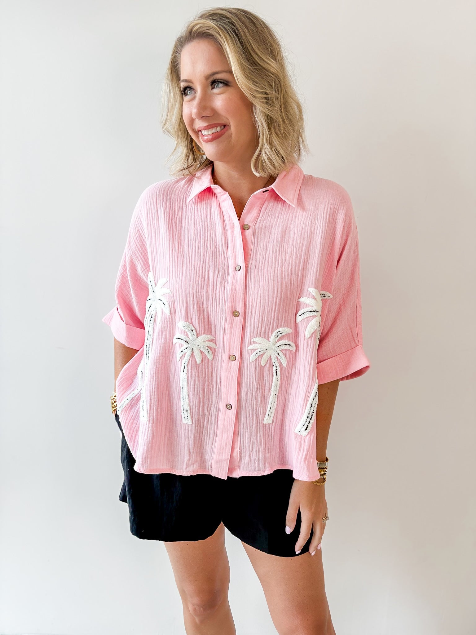 Palm Tree Embroidered Gauze Shirt