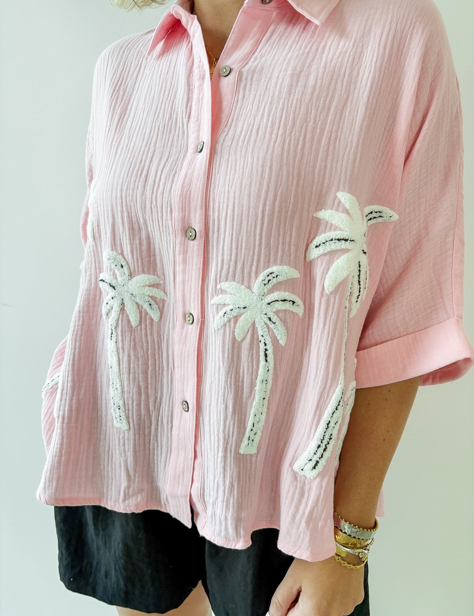 Palm Tree Embroidered Gauze Shirt