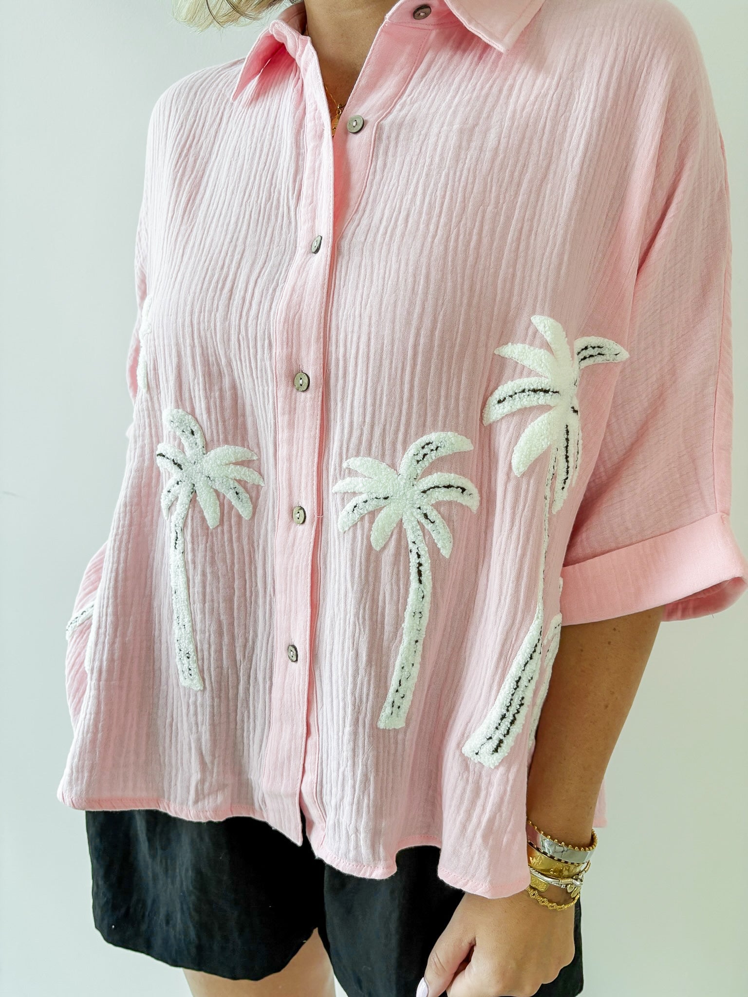 Palm Tree Embroidered Gauze Shirt