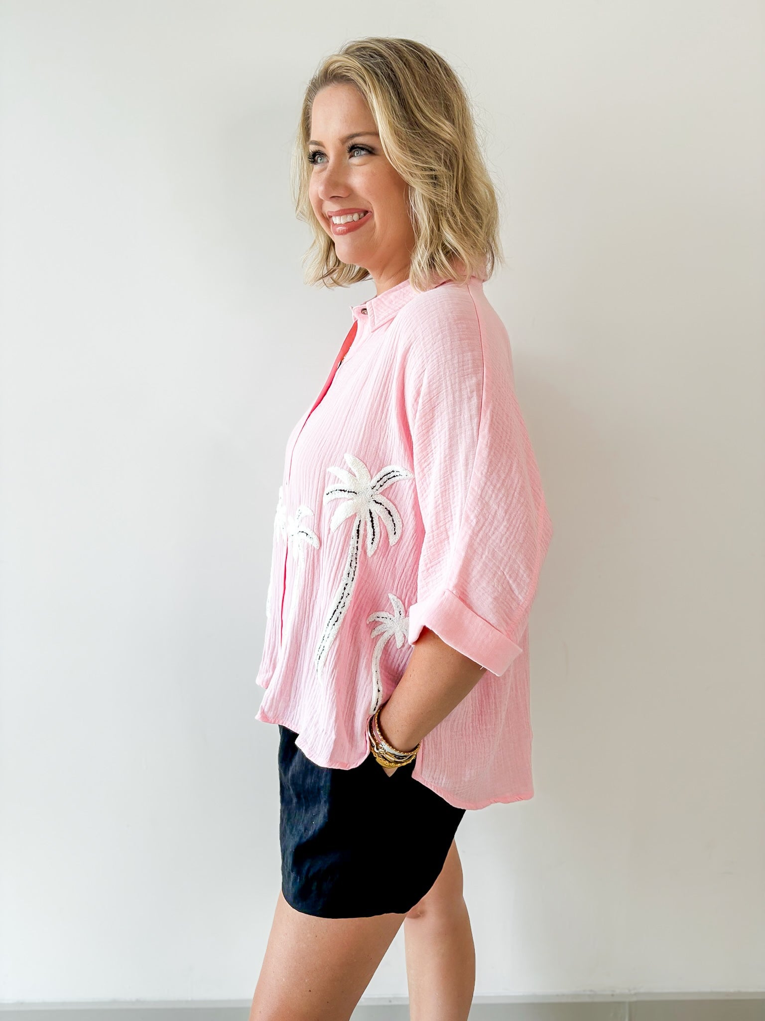 Palm Tree Embroidered Gauze Shirt