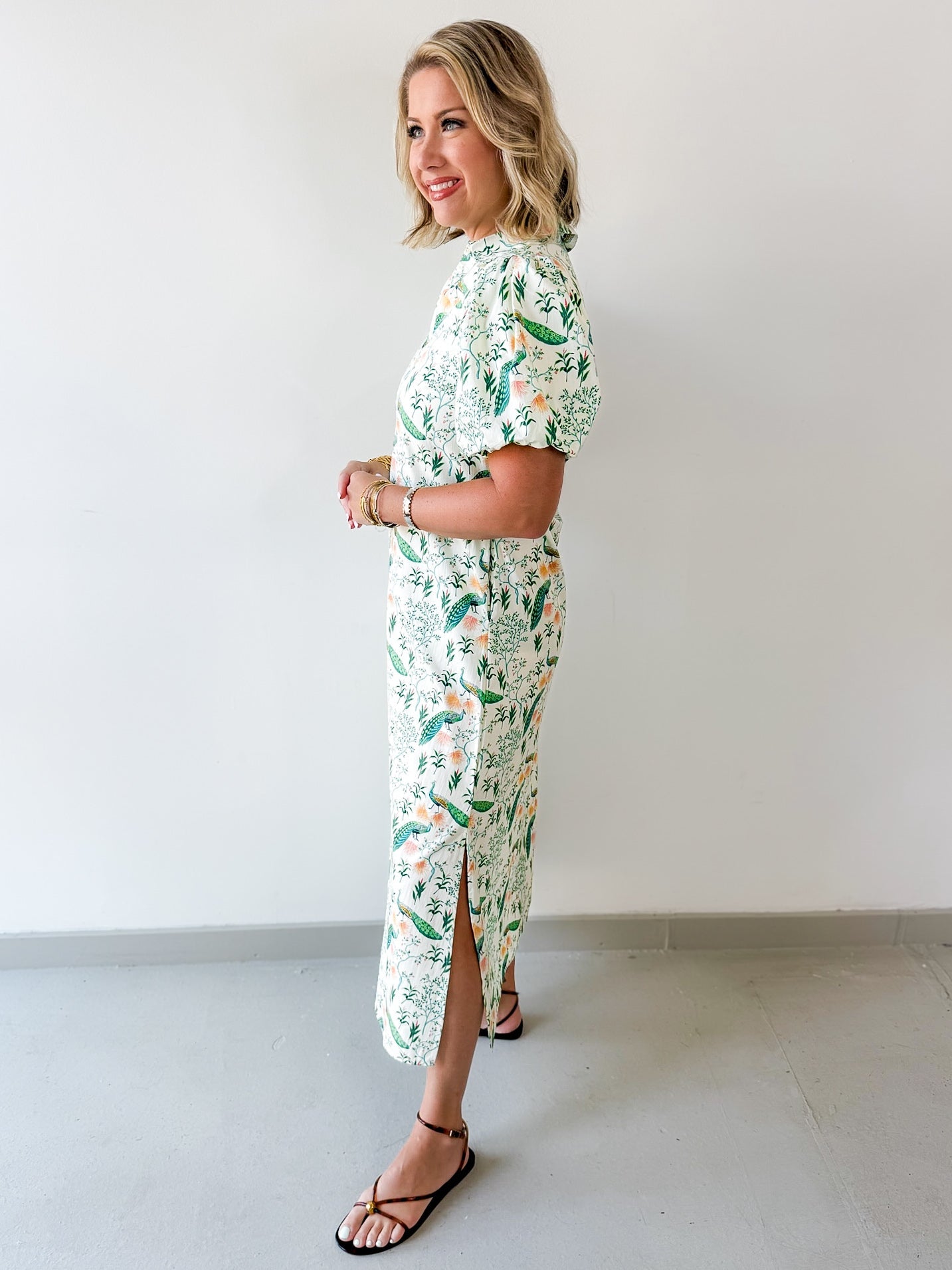 Peacock Print Puff Sleeve Midi Dress