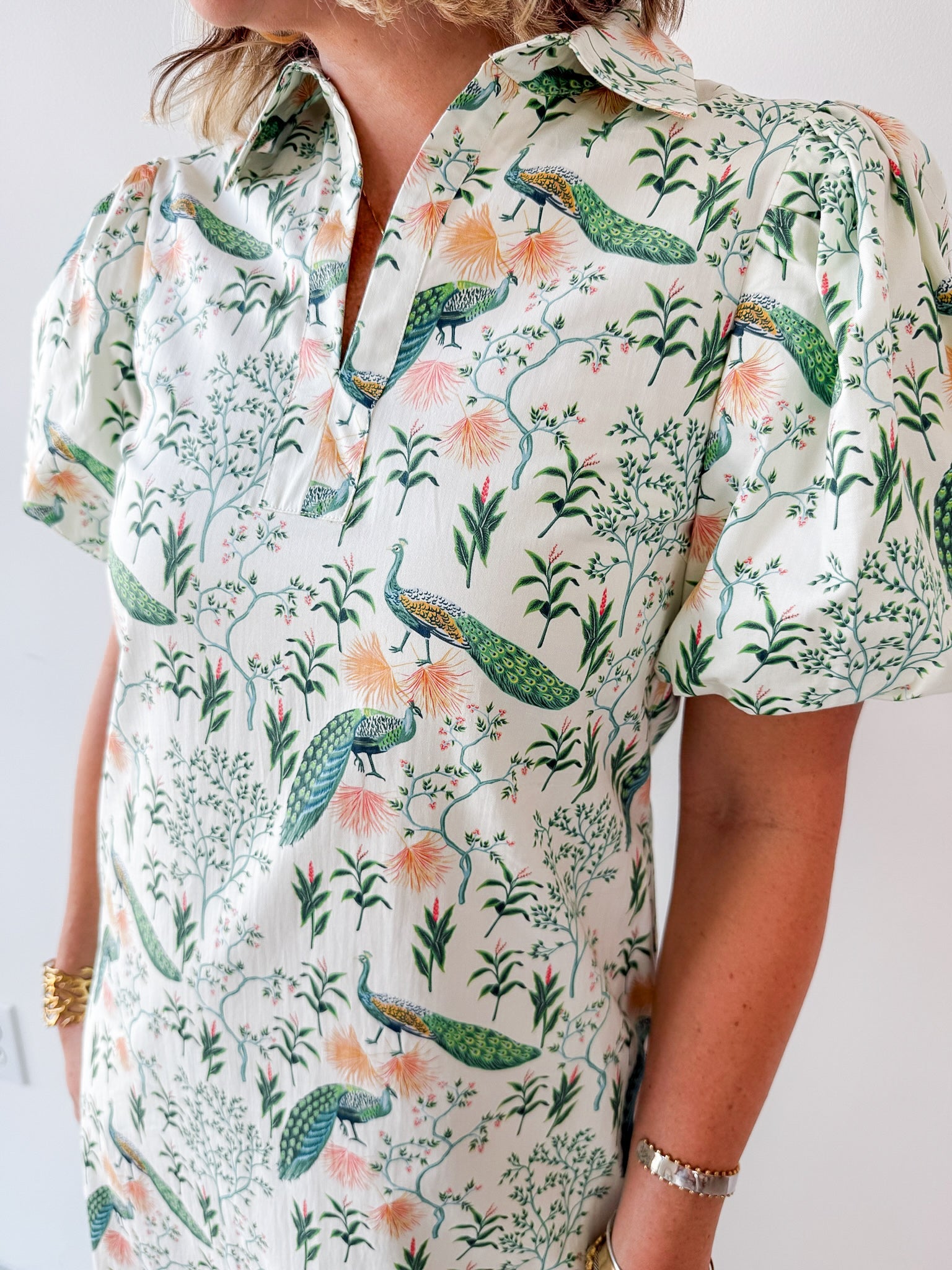 Peacock Print Puff Sleeve Midi Dress