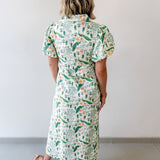 Peacock Print Puff Sleeve Midi Dress