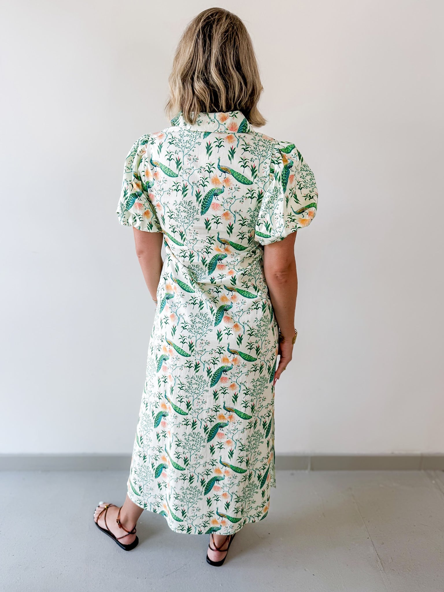 Peacock Print Puff Sleeve Midi Dress