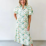 Peacock Print Puff Sleeve Midi Dress