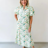 Peacock Print Puff Sleeve Midi Dress
