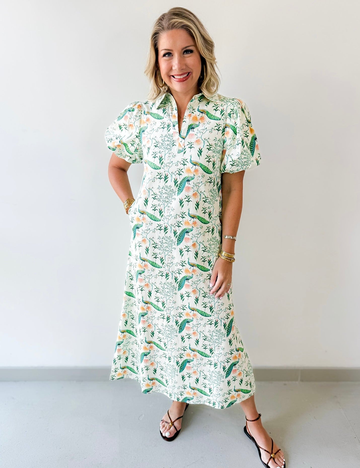 Peacock Print Puff Sleeve Midi Dress