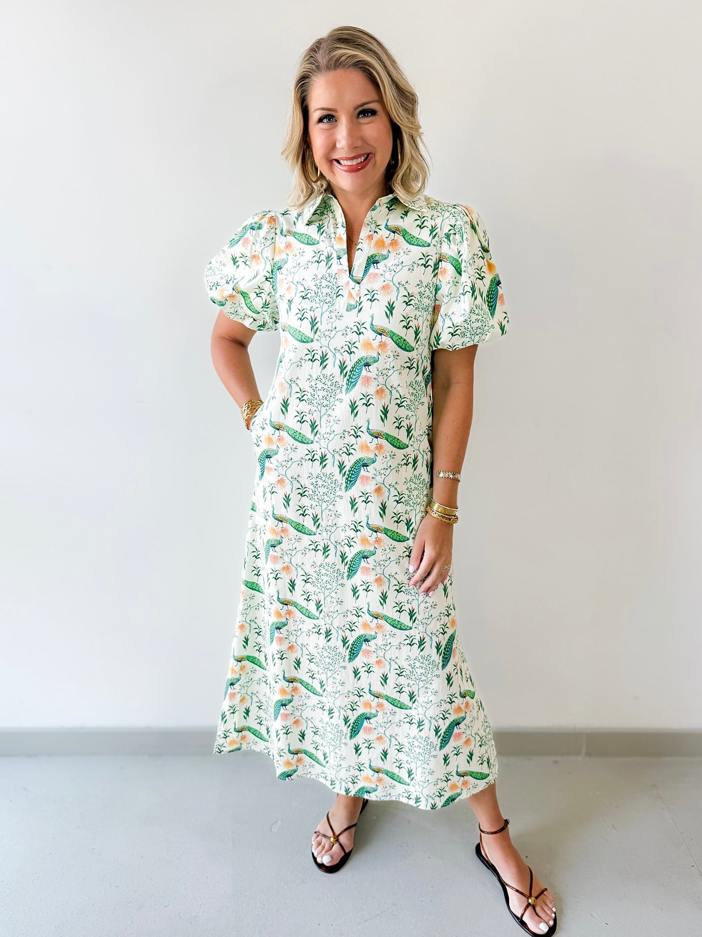 Peacock Print Puff Sleeve Midi Dress