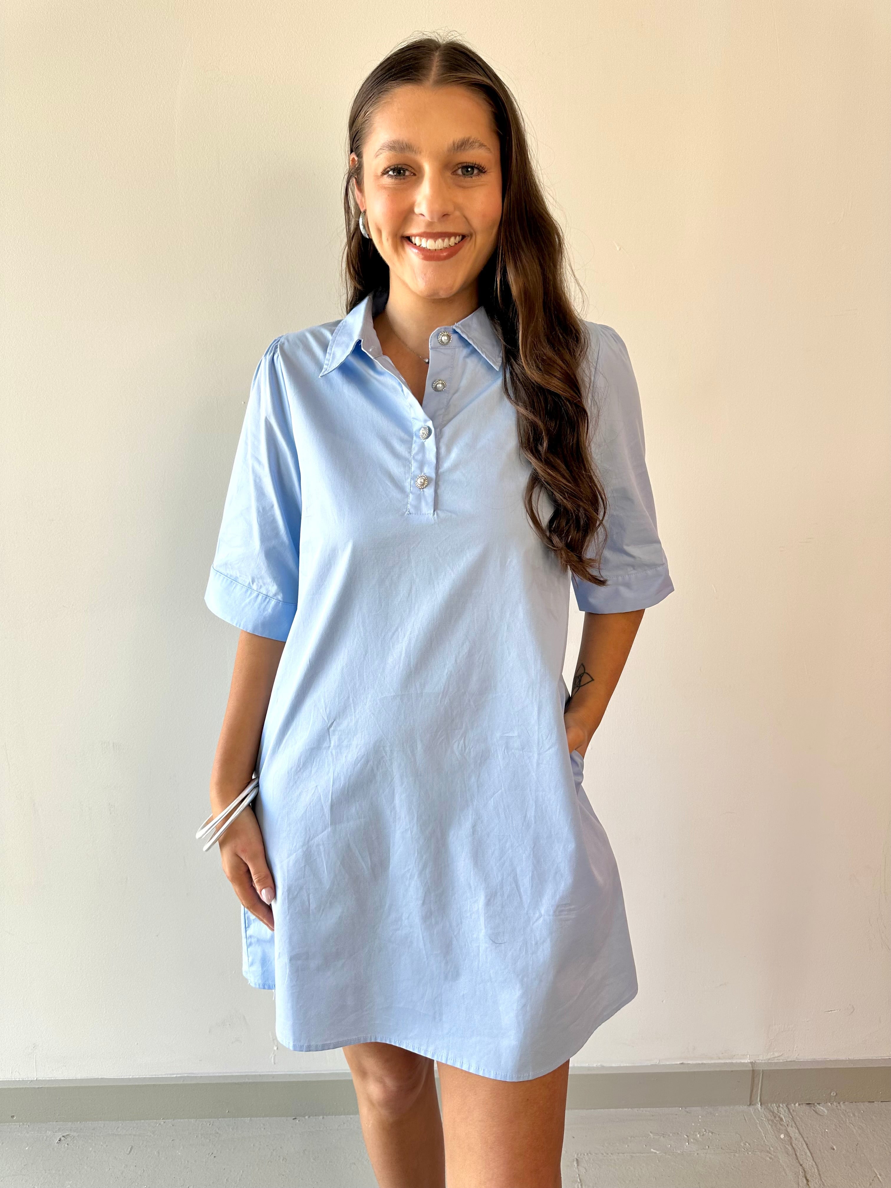 Pearl Accent Shift Dress - Blue