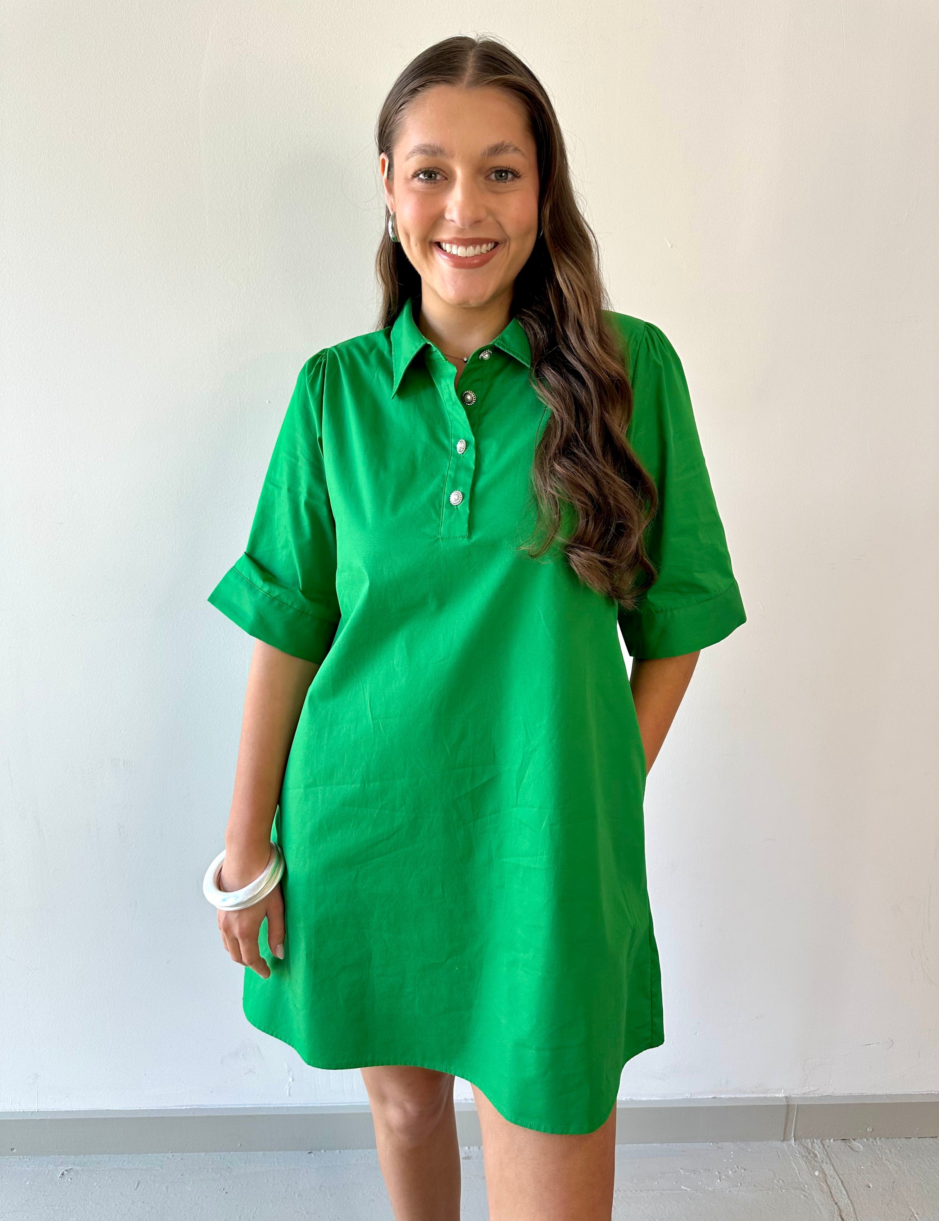 Pearl Accent Shift Dress - Green