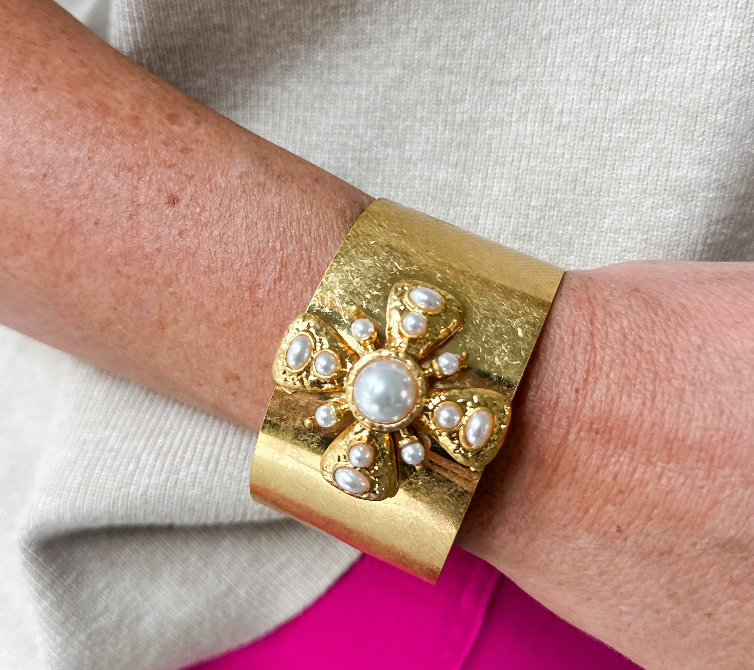 Pearl Cross Cuff Bracelet-24k Gold