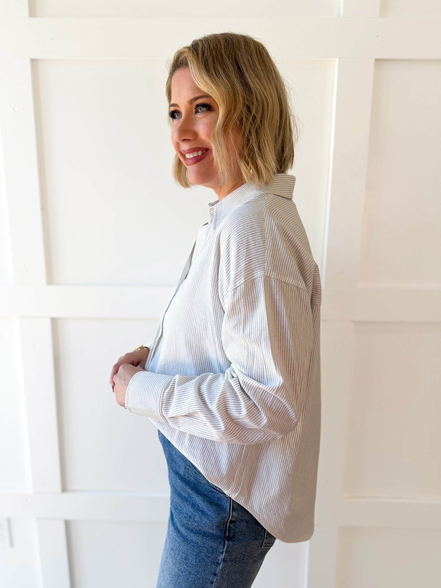 Pin Stripe Button Boyfriend Shirt