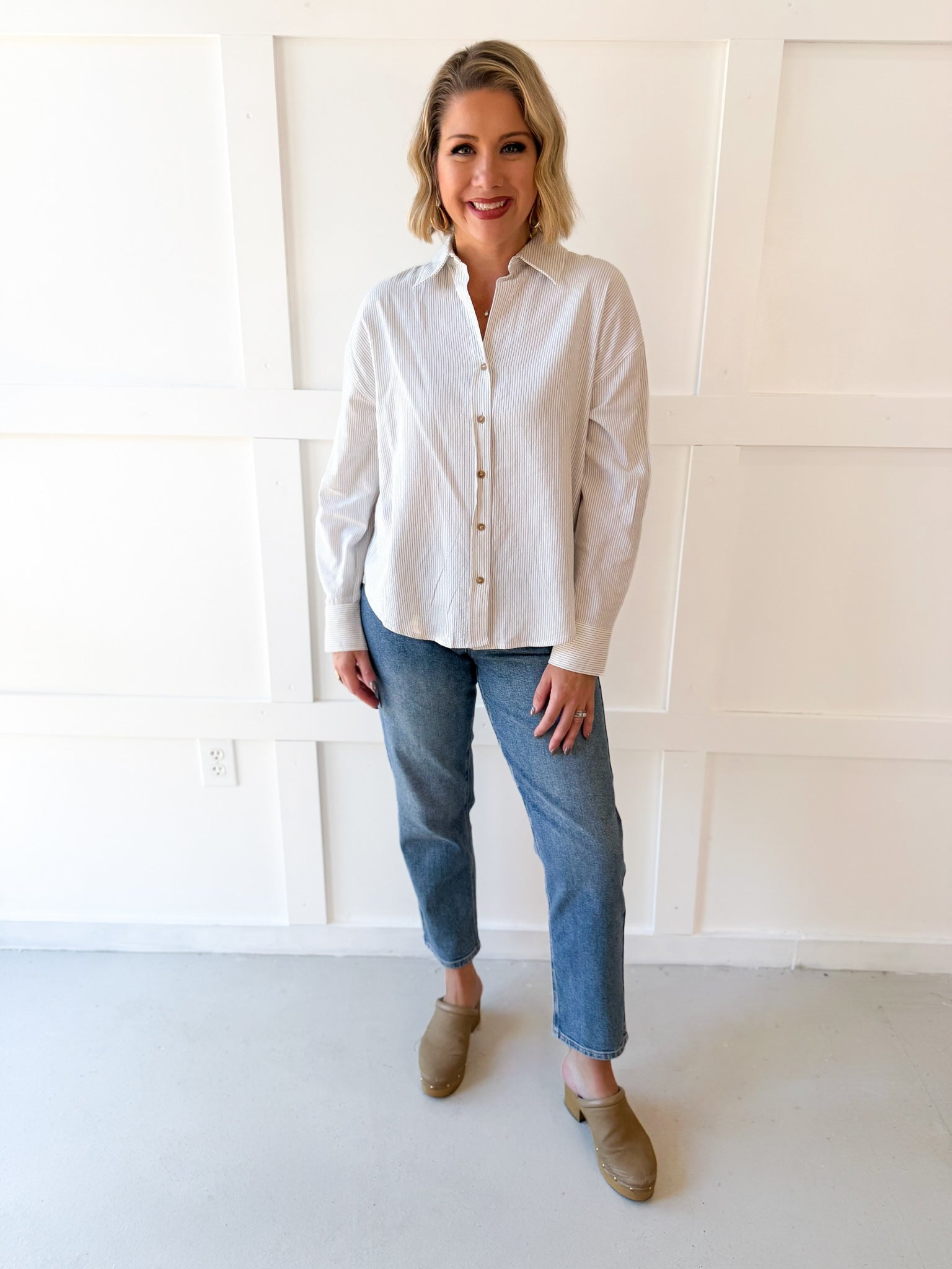 Pin Stripe Button Boyfriend Shirt